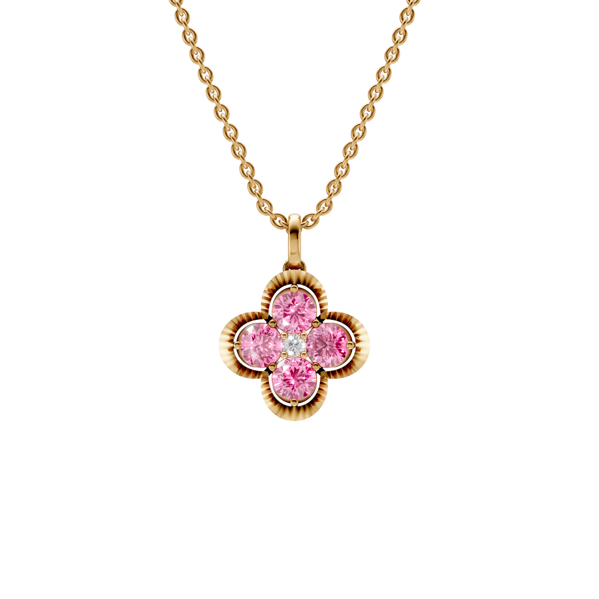 Clover Pink & White Diamond Cluster Pendant in 14K Gold