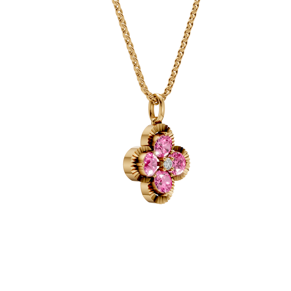 Clover Pink & White Diamond Cluster Pendant in 14K Gold