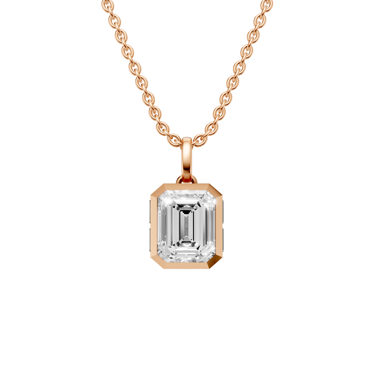 Emerald Cut Bezel Pendant with Baguette Side Stones in 14K Gold