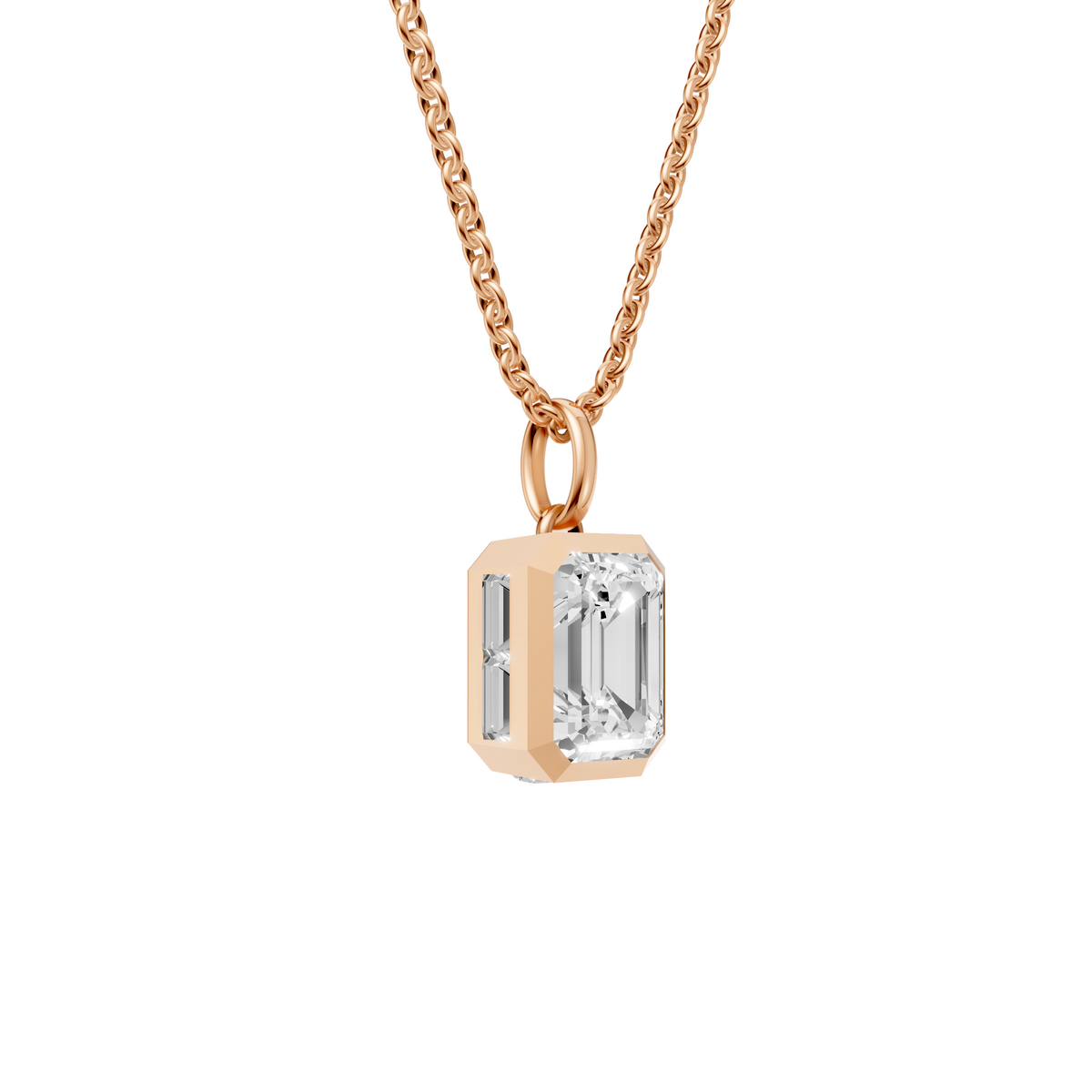 Emerald Cut Bezel Pendant with Baguette Side Stones in 14K Gold