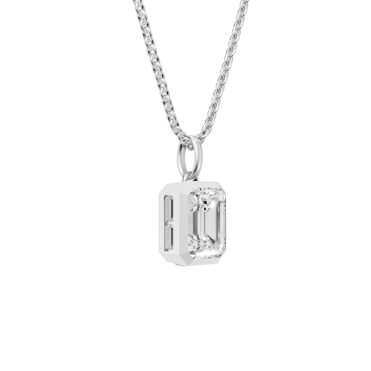 Emerald Cut Bezel Pendant with Baguette Side Stones in 14K Gold
