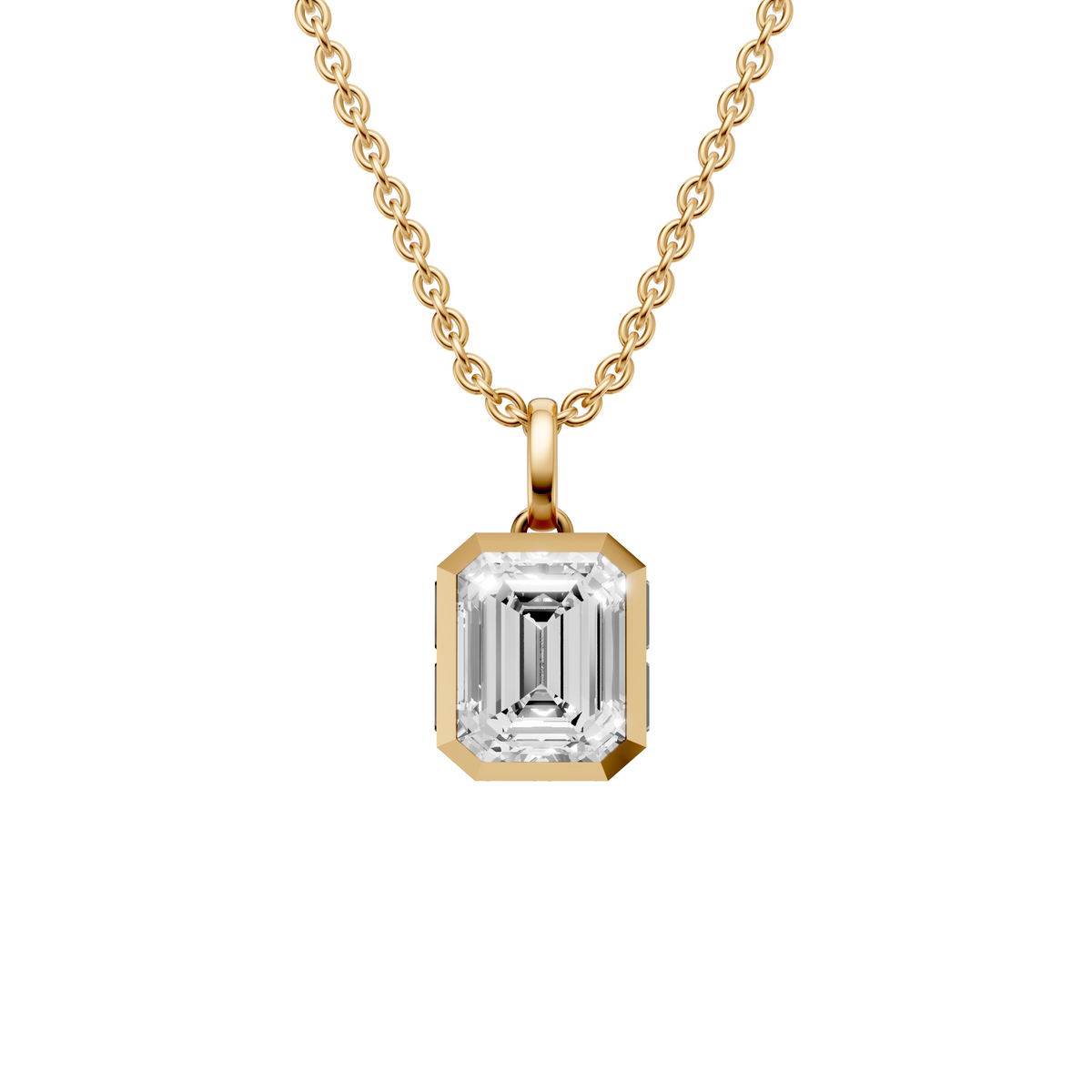 Emerald Cut Bezel Pendant with Baguette Side Stones in 14K Gold