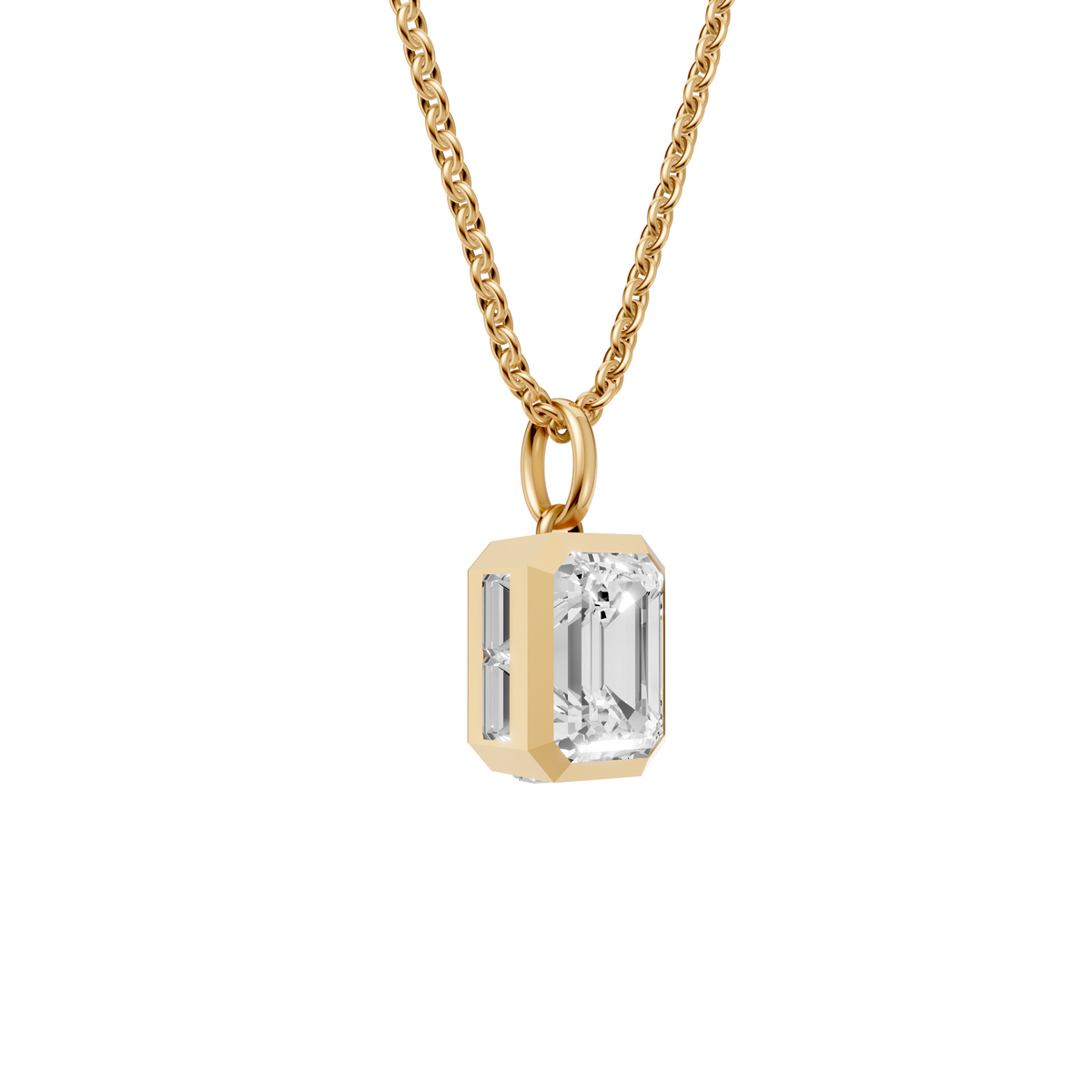 Emerald Cut Bezel Pendant with Baguette Side Stones in 14K Gold
