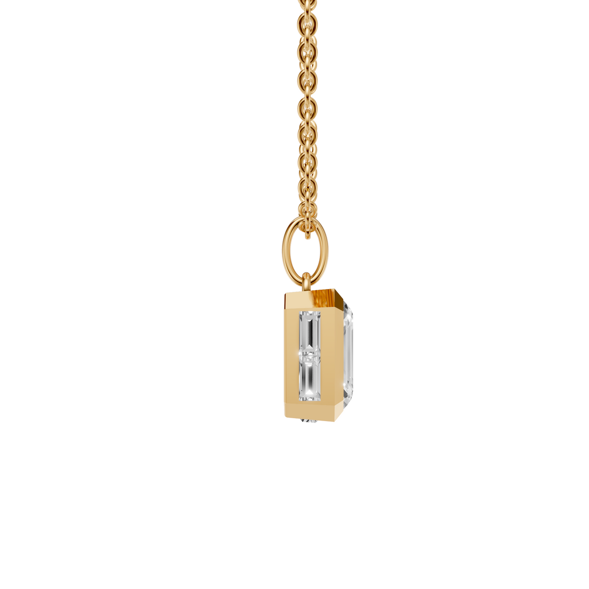 Emerald Cut Bezel Pendant with Baguette Side Stones in 14K Gold
