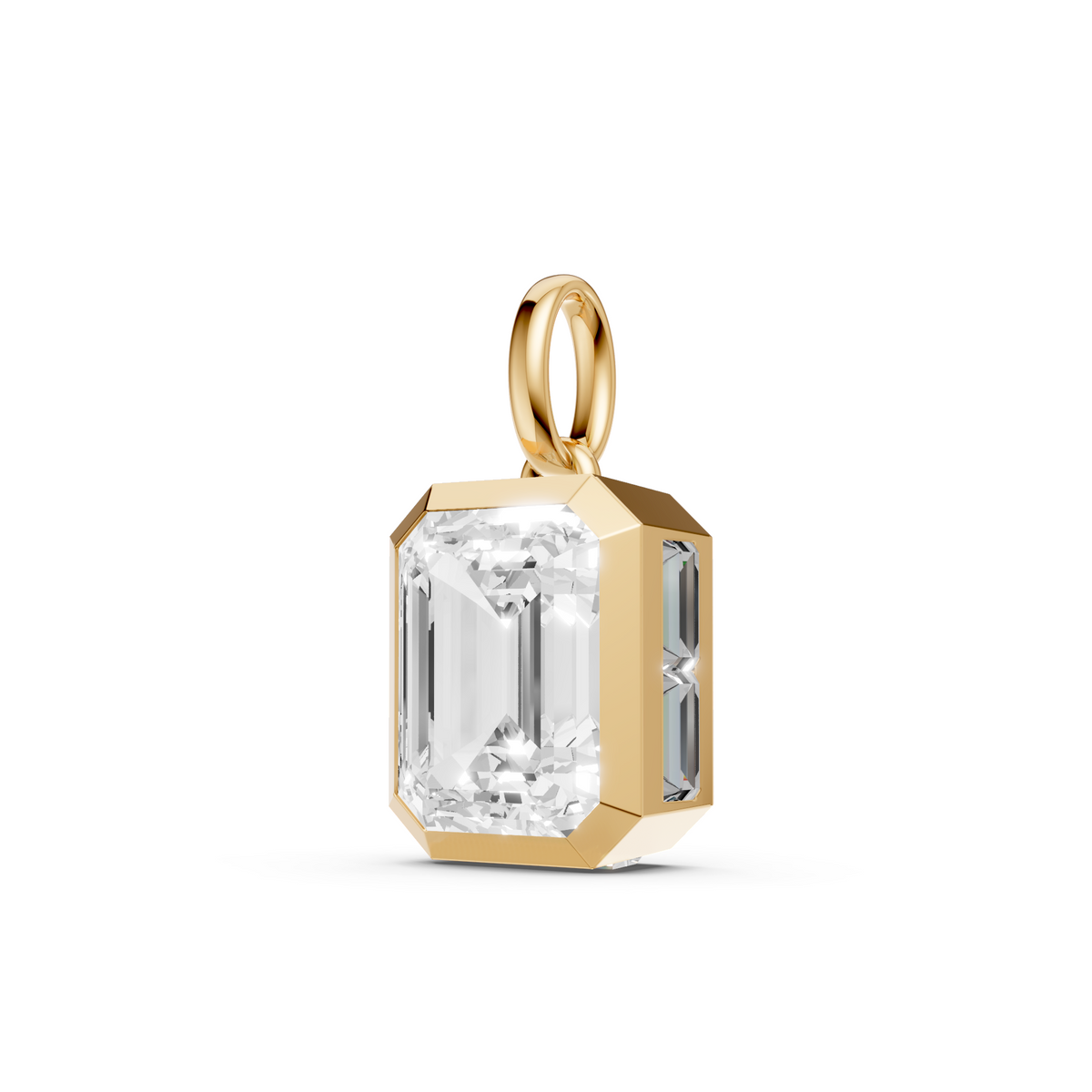 Emerald Cut Bezel Pendant with Baguette Side Stones in 14K Gold