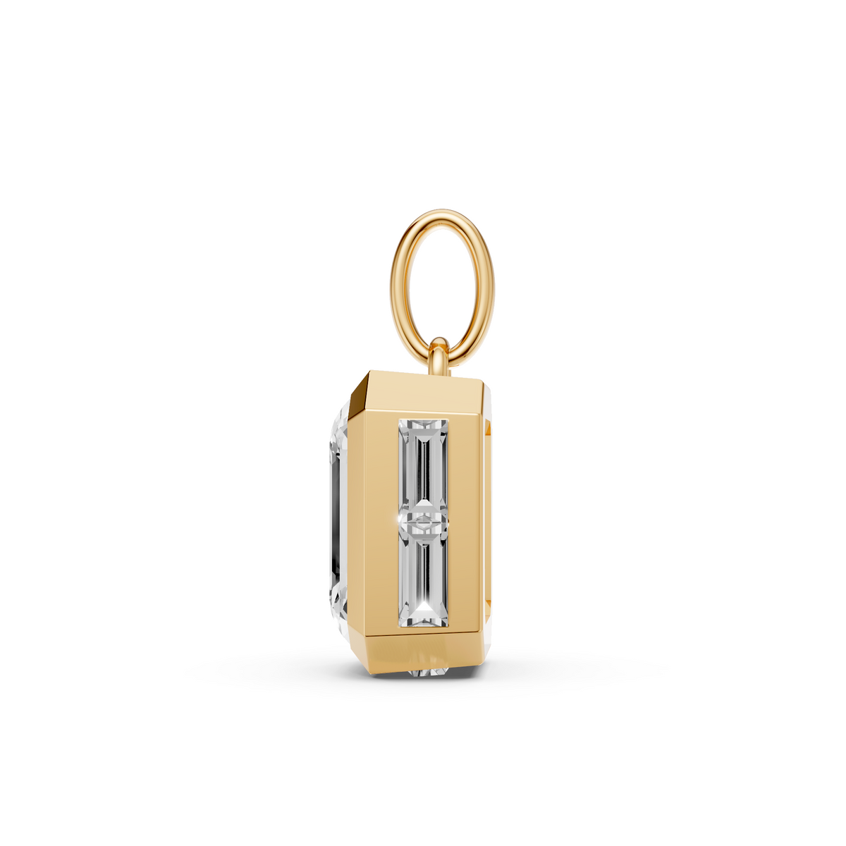 Emerald Cut Bezel Pendant with Baguette Side Stones in 14K Gold