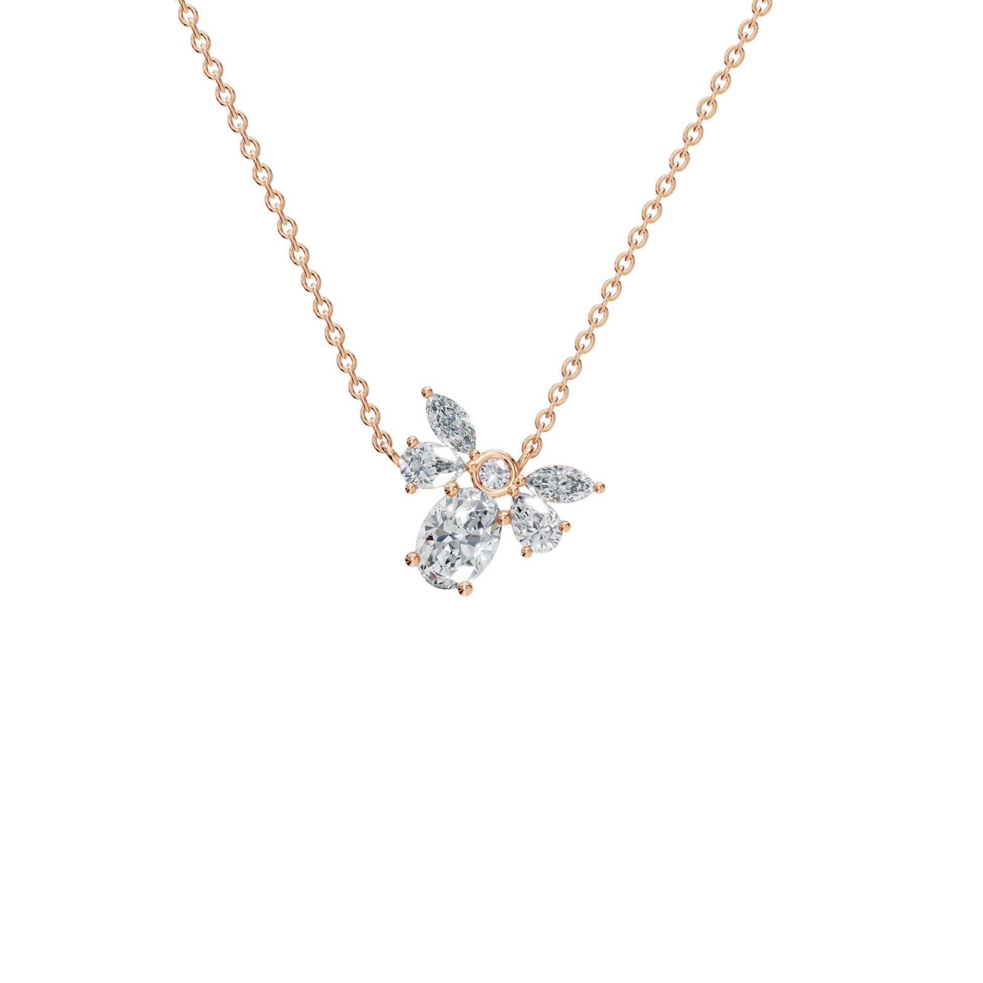 1.28Ctw Multi Shape Diamond Floral Solid Gold Pendant Necklace