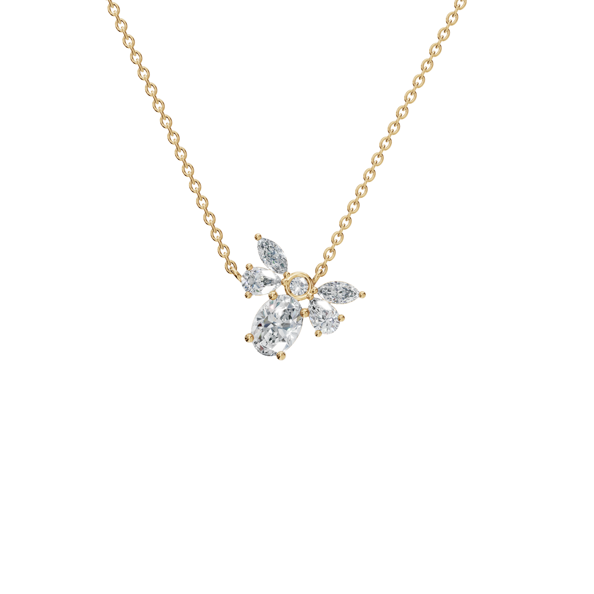 1.28Ctw Multi Shape Diamond Floral Solid Gold Pendant Necklace