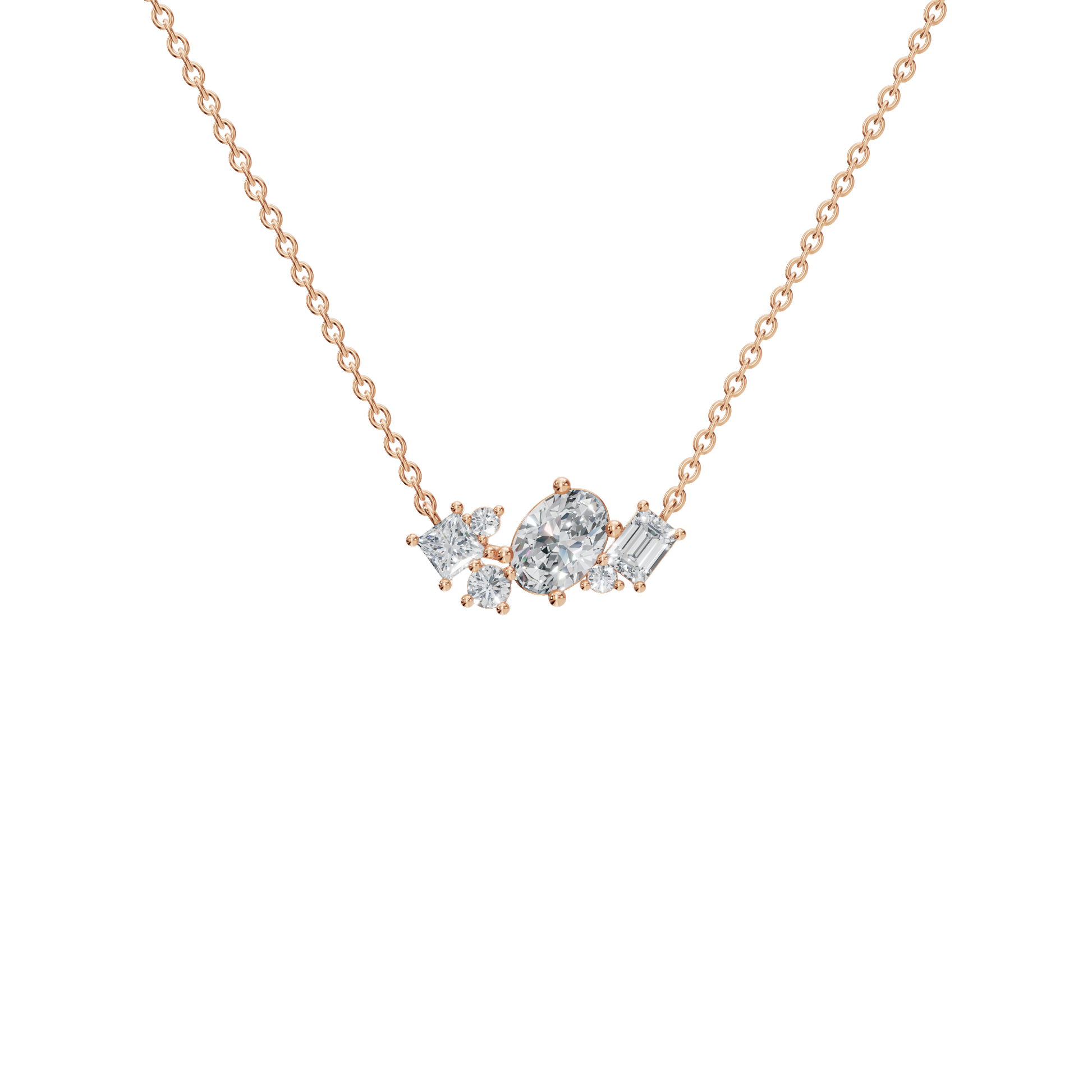 Round and Baguette Diamond Cluster Necklace for Special Occasion