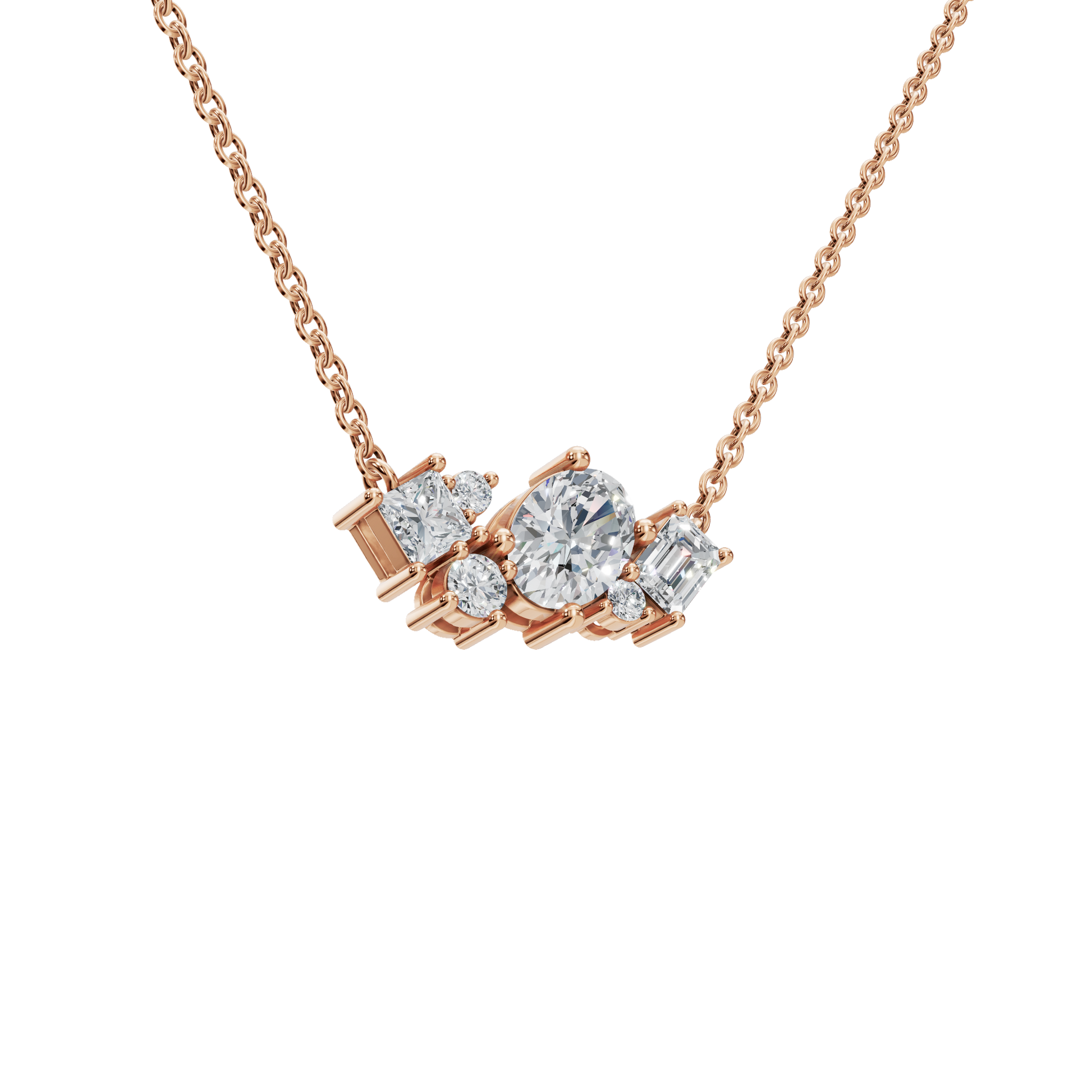 Round and Baguette Diamond Cluster Necklace for Special Occasion
