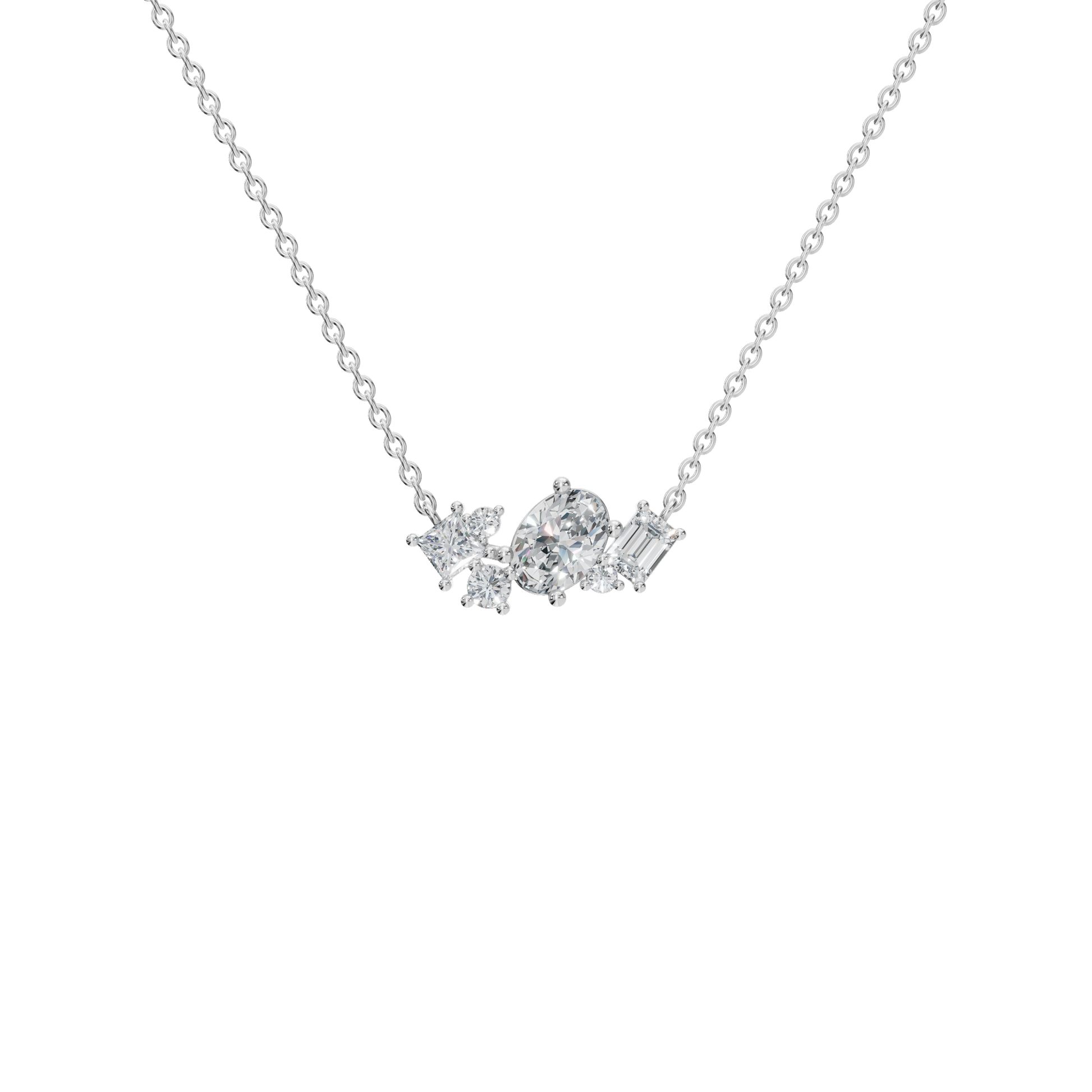 Round and Baguette Diamond Cluster Necklace for Special Occasion