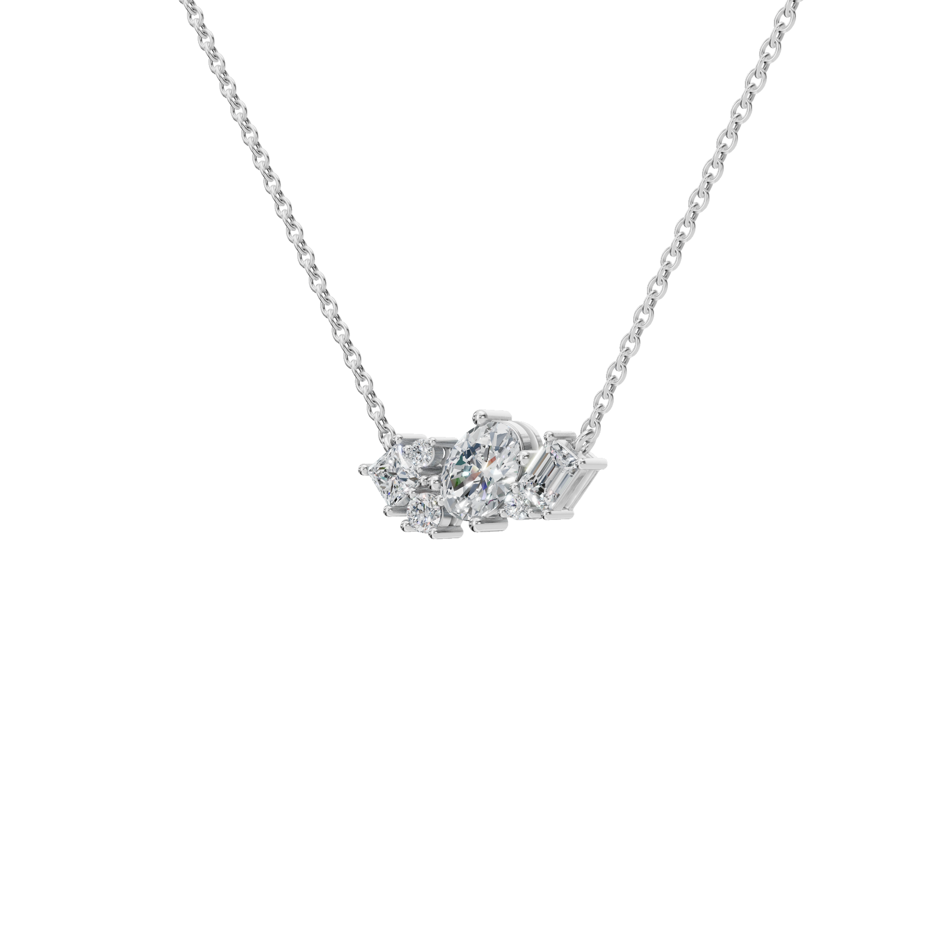 Round and Baguette Diamond Cluster Necklace for Special Occasion