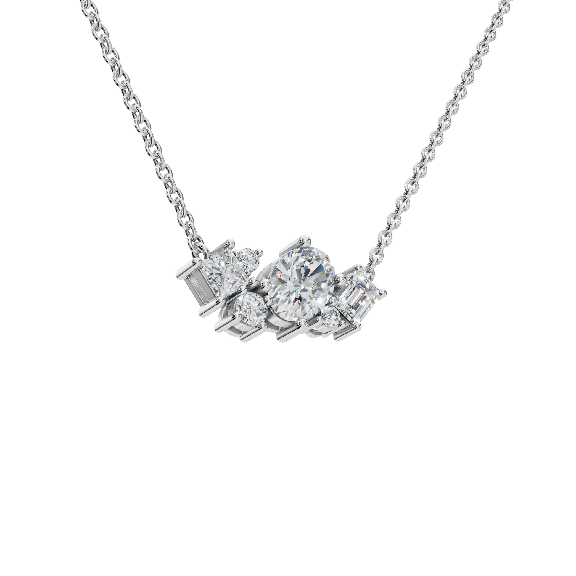 Round and Baguette Diamond Cluster Necklace for Special Occasion
