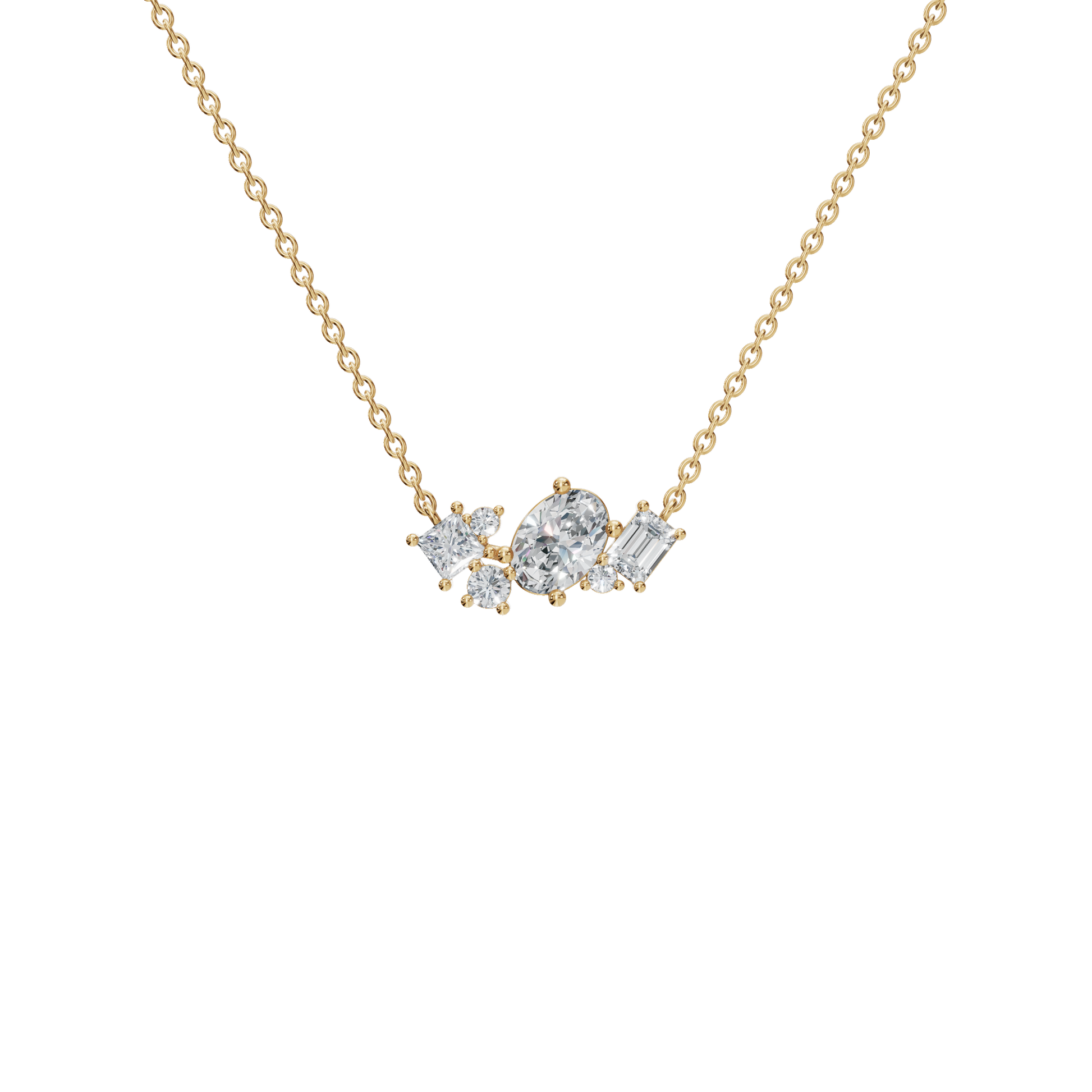 Round and Baguette Diamond Cluster Necklace for Special Occasion