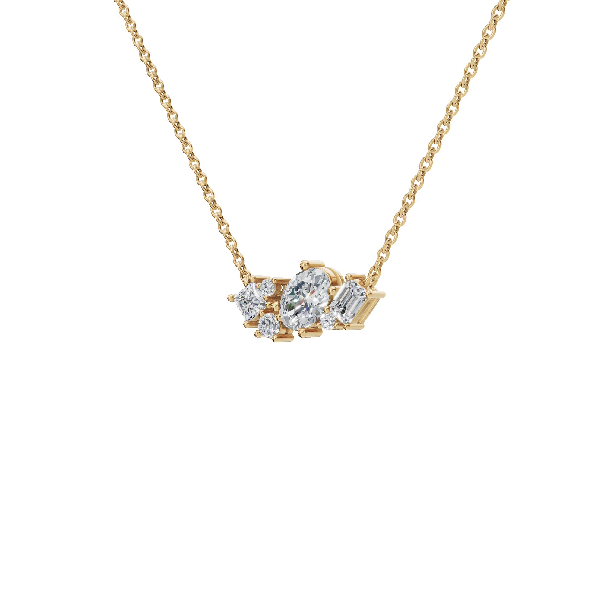 Round and Baguette Diamond Cluster Necklace for Special Occasion