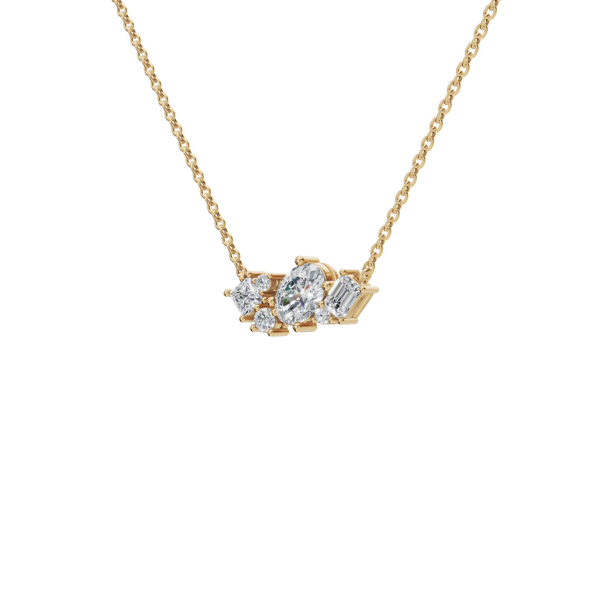 Round and Baguette Diamond Cluster Necklace for Special Occasion