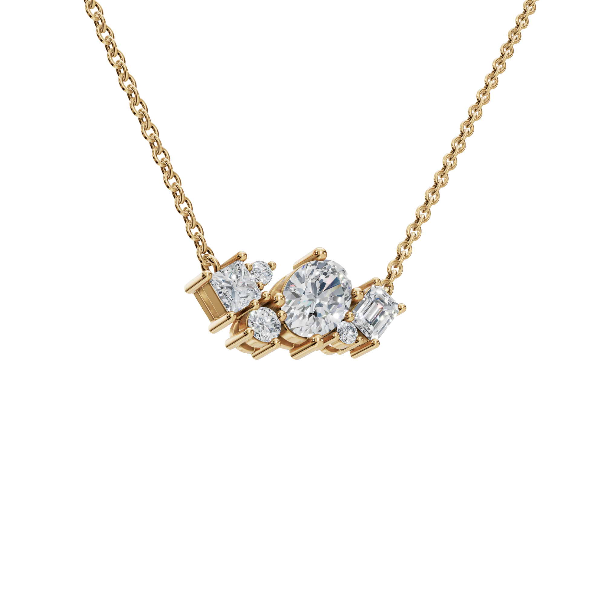 Round and Baguette Diamond Cluster Necklace for Special Occasion