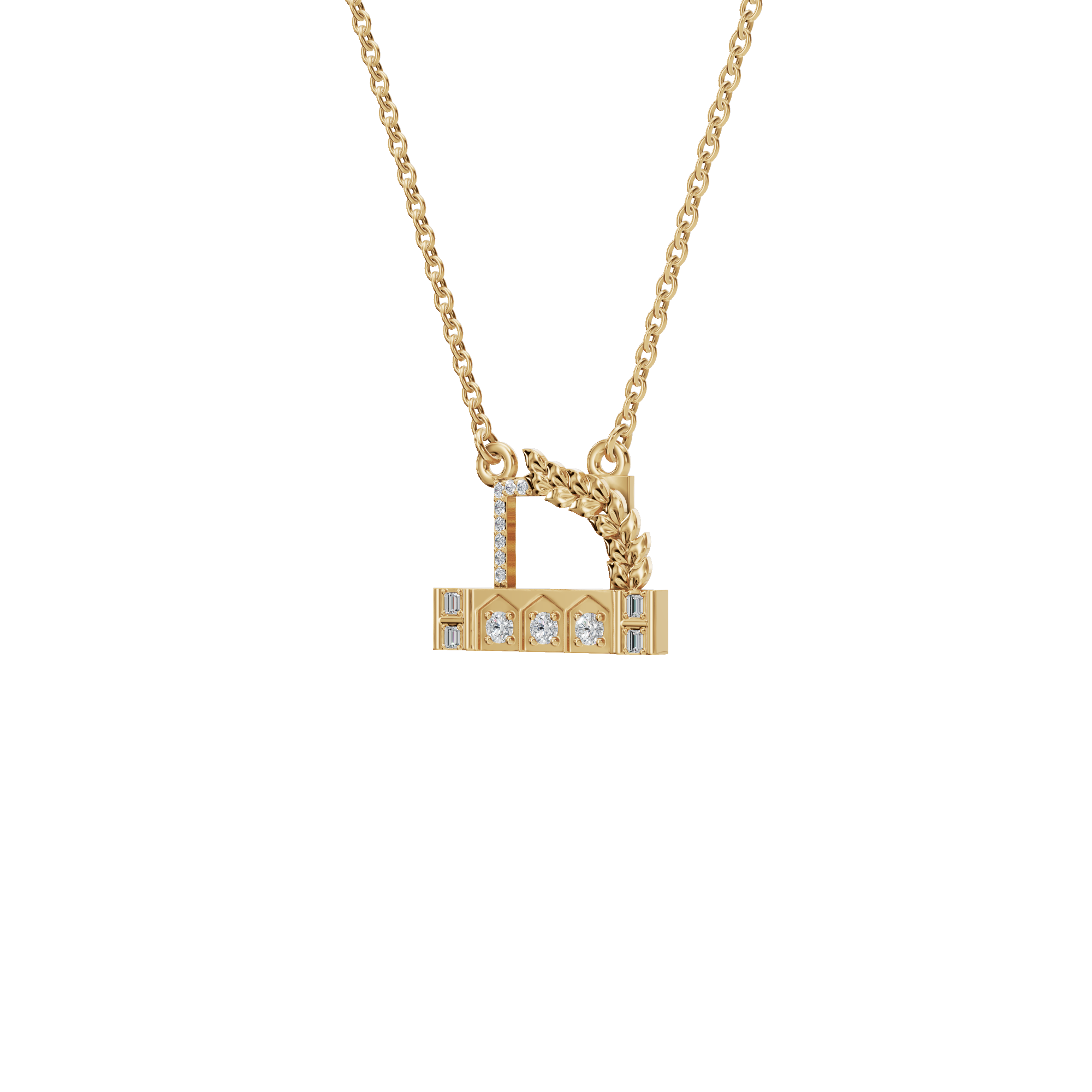 0.27Ctw Diamond Letter D with Baguette Accents in Solid Gold Pendant Necklace
