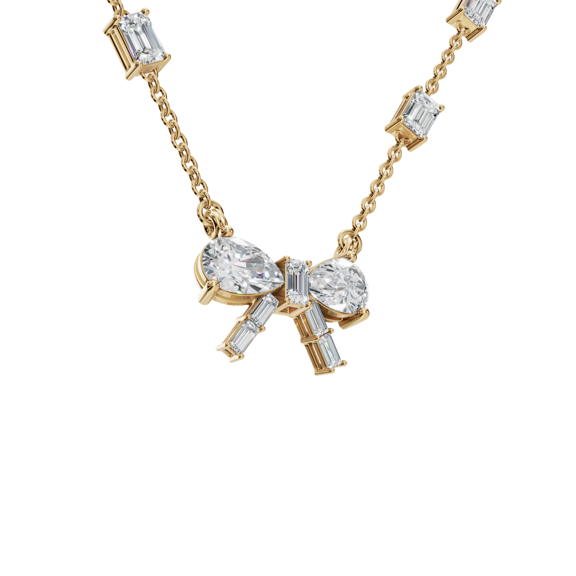 Diamond Bow Necklace with Pear & Emerald Cut Lab Grown Diamonds