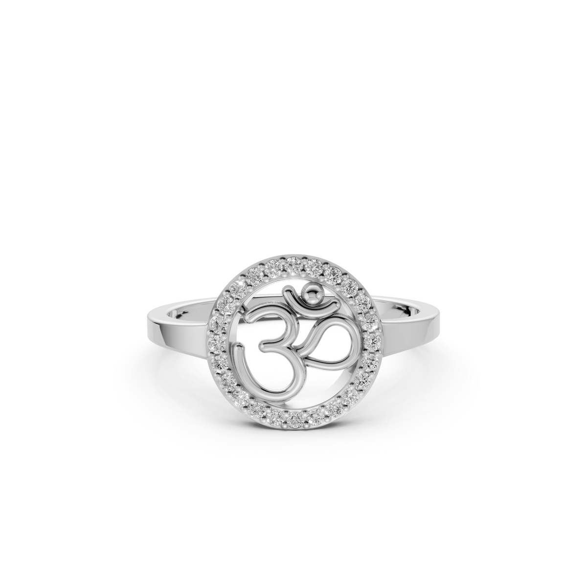 Om Religious Symbol Round Diamond Halo Ring in Solid Gold