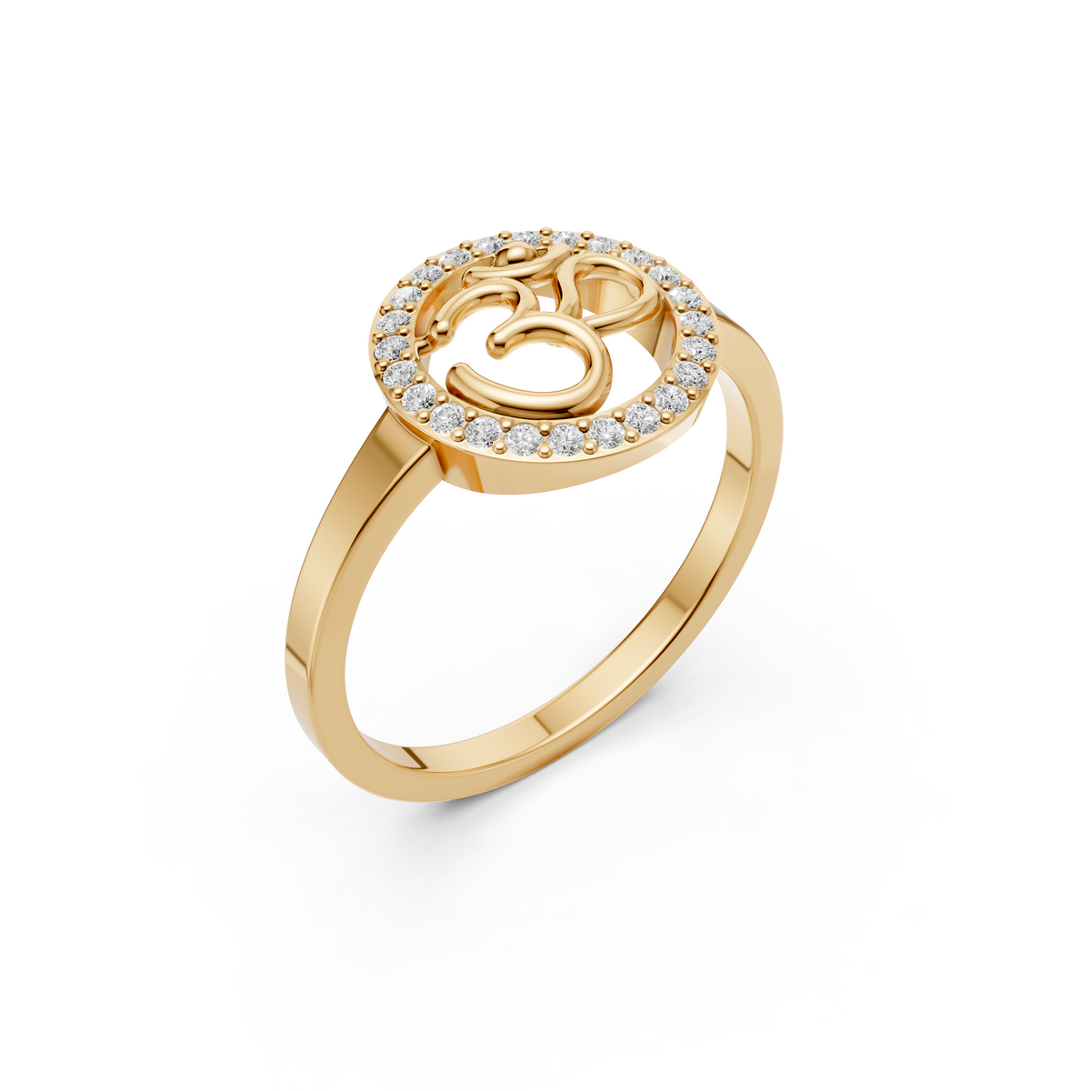 Om Religious Symbol Round Diamond Halo Ring in Solid Gold