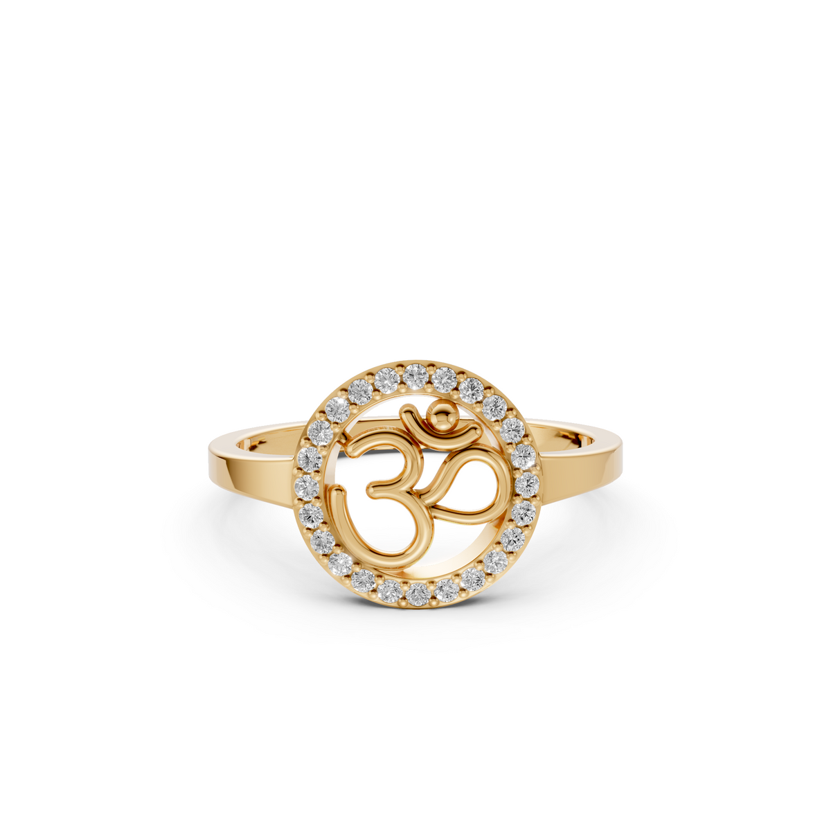 Om Religious Symbol Round Diamond Halo Ring in Solid Gold