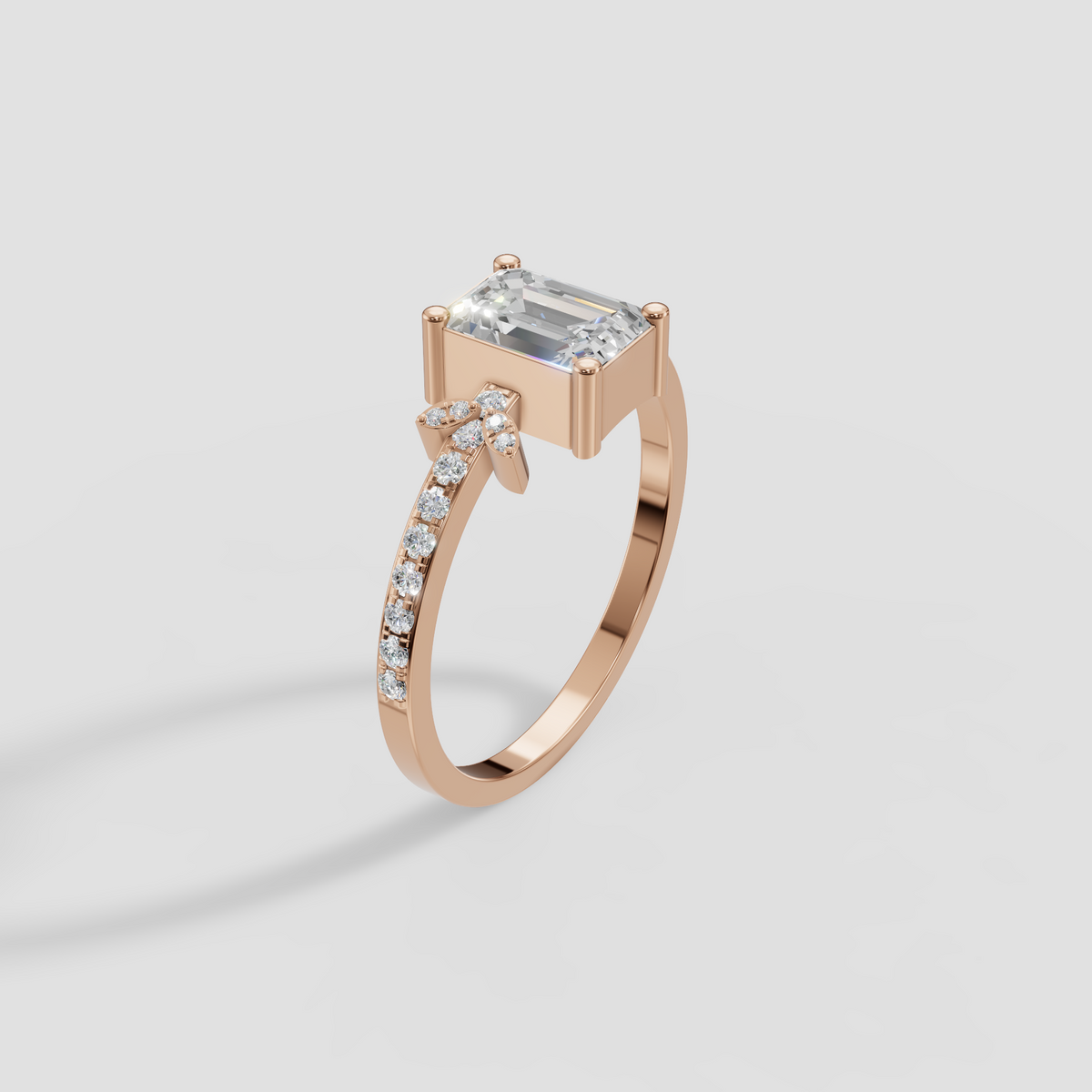 Emerald Cut Diamond Engagement Ring with Floral Cluster Accent Band