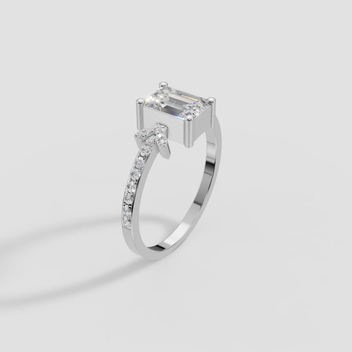Emerald Cut Diamond Engagement Ring with Floral Cluster Accent Band