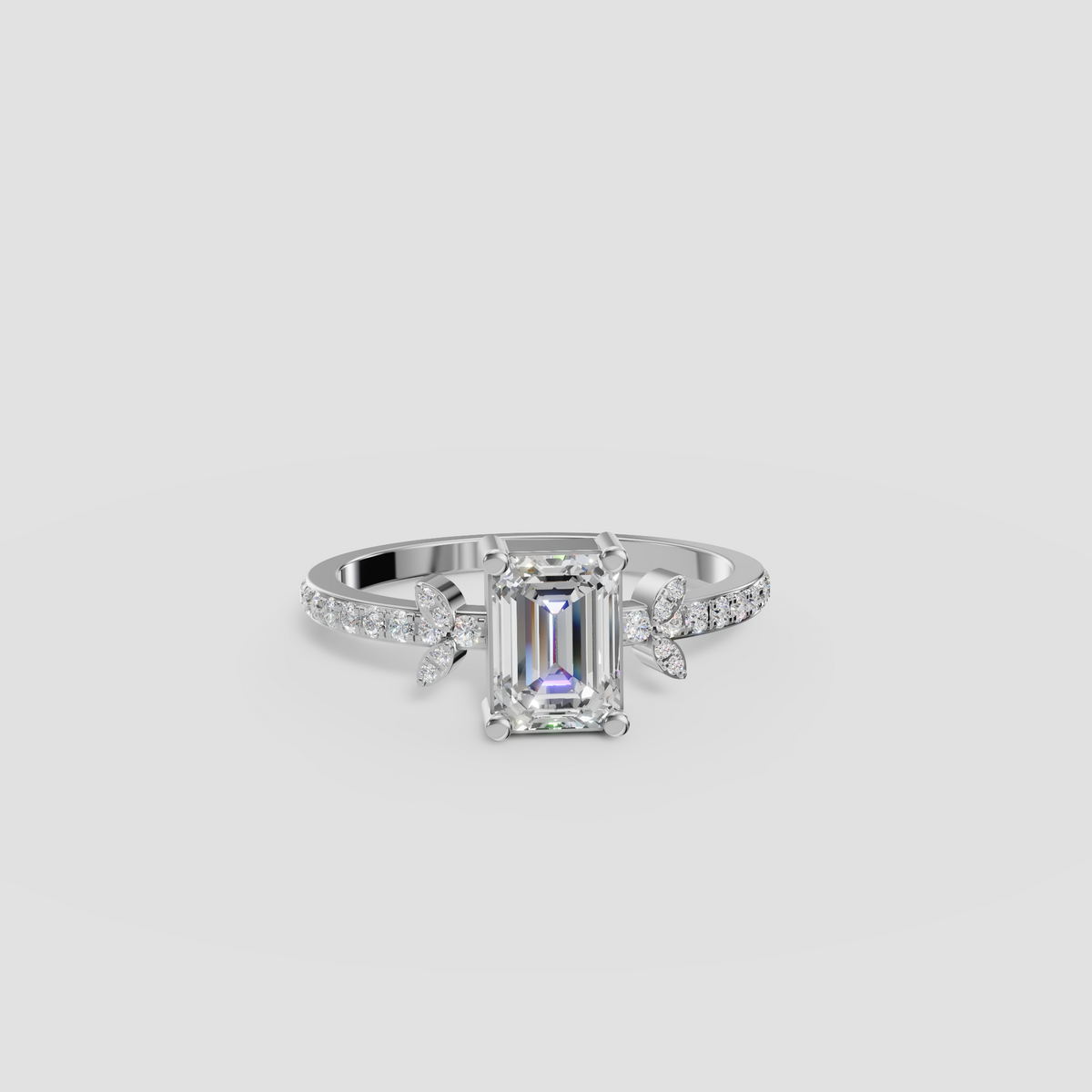 Emerald Cut Diamond Engagement Ring with Floral Cluster Accent Band