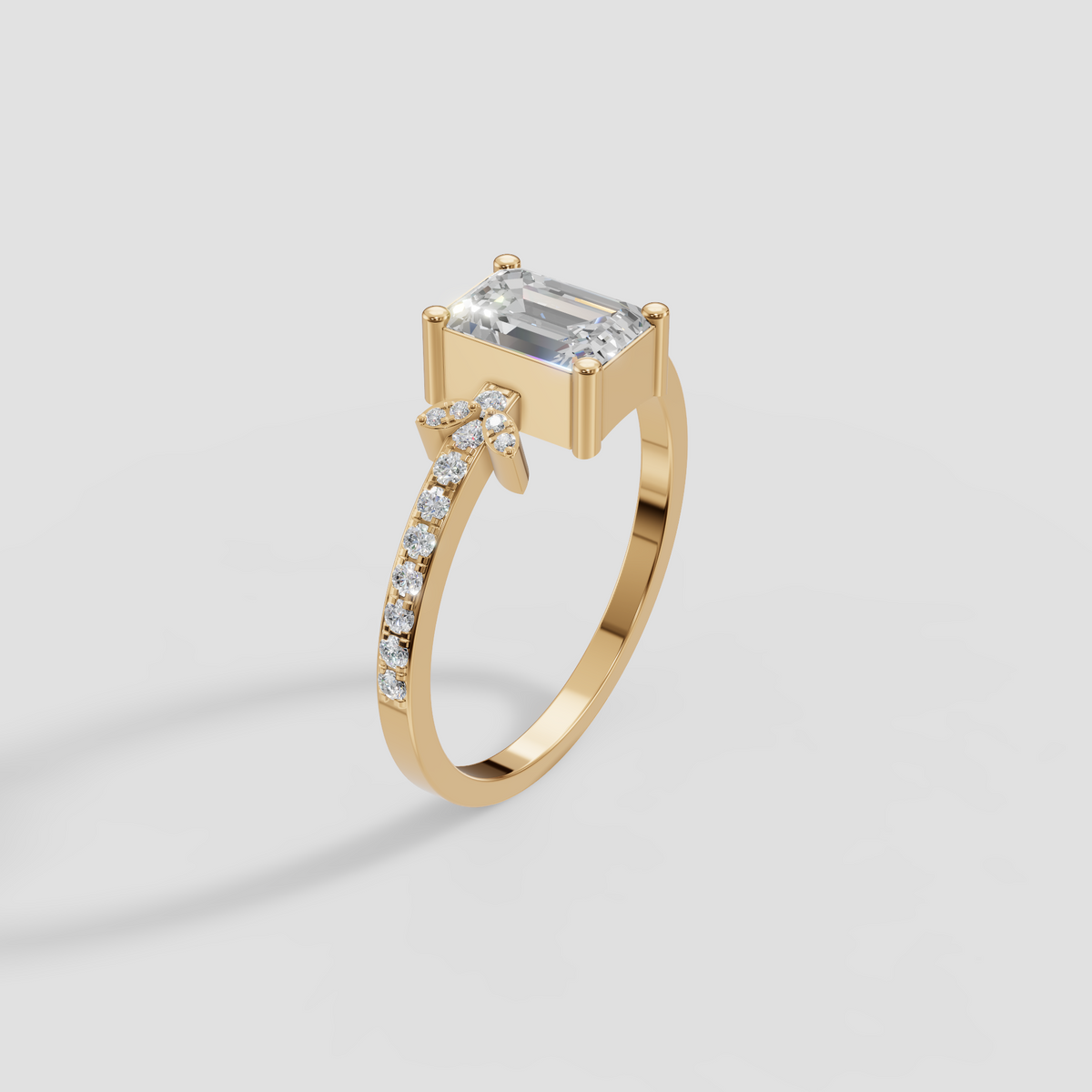 Emerald Cut Diamond Engagement Ring with Floral Cluster Accent Band