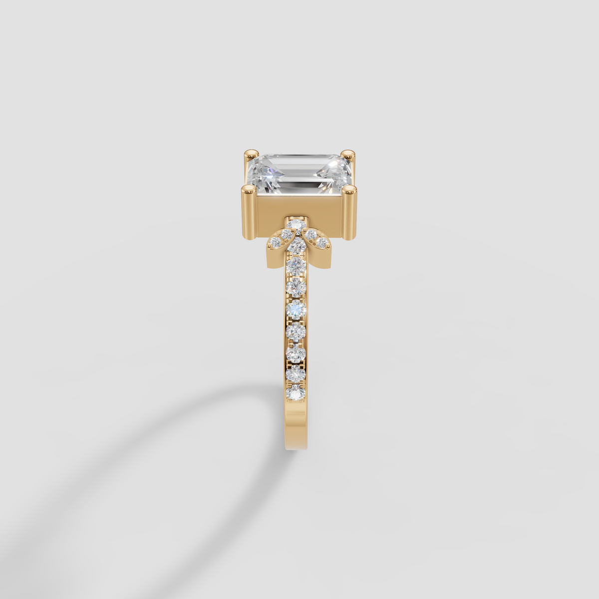 Emerald Cut Diamond Engagement Ring with Floral Cluster Accent Band