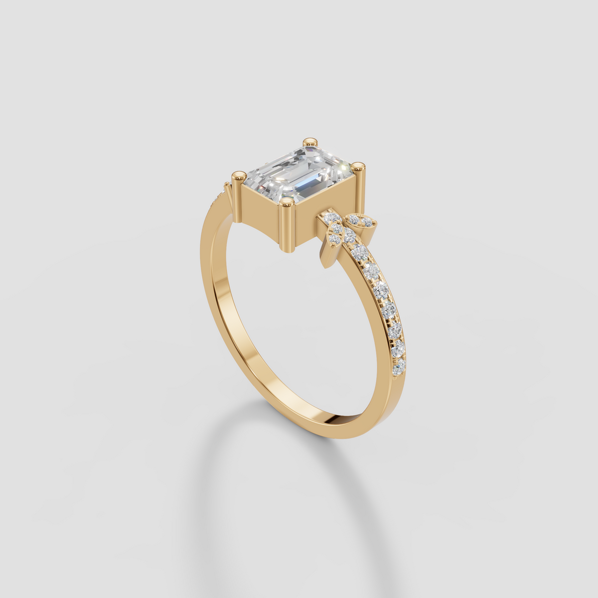 Emerald Cut Diamond Engagement Ring with Floral Cluster Accent Band