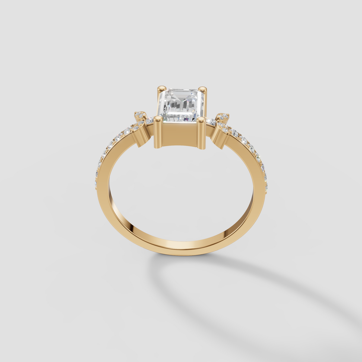 Emerald Cut Diamond Engagement Ring with Floral Cluster Accent Band