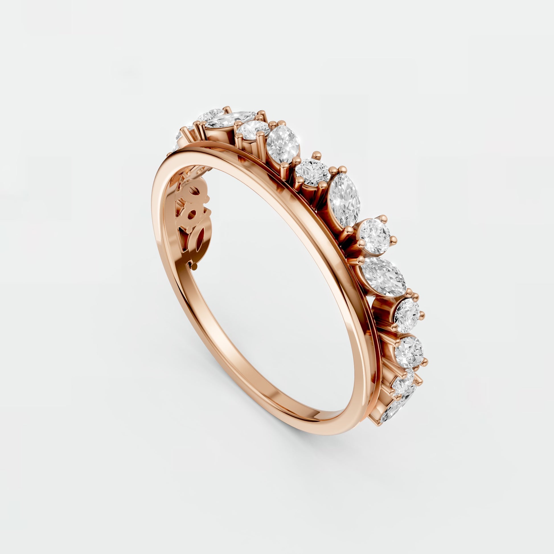 0.61 CTW Marquise & Round Lab Grown Diamond Wedding Band Curved Stackable Gold Ring