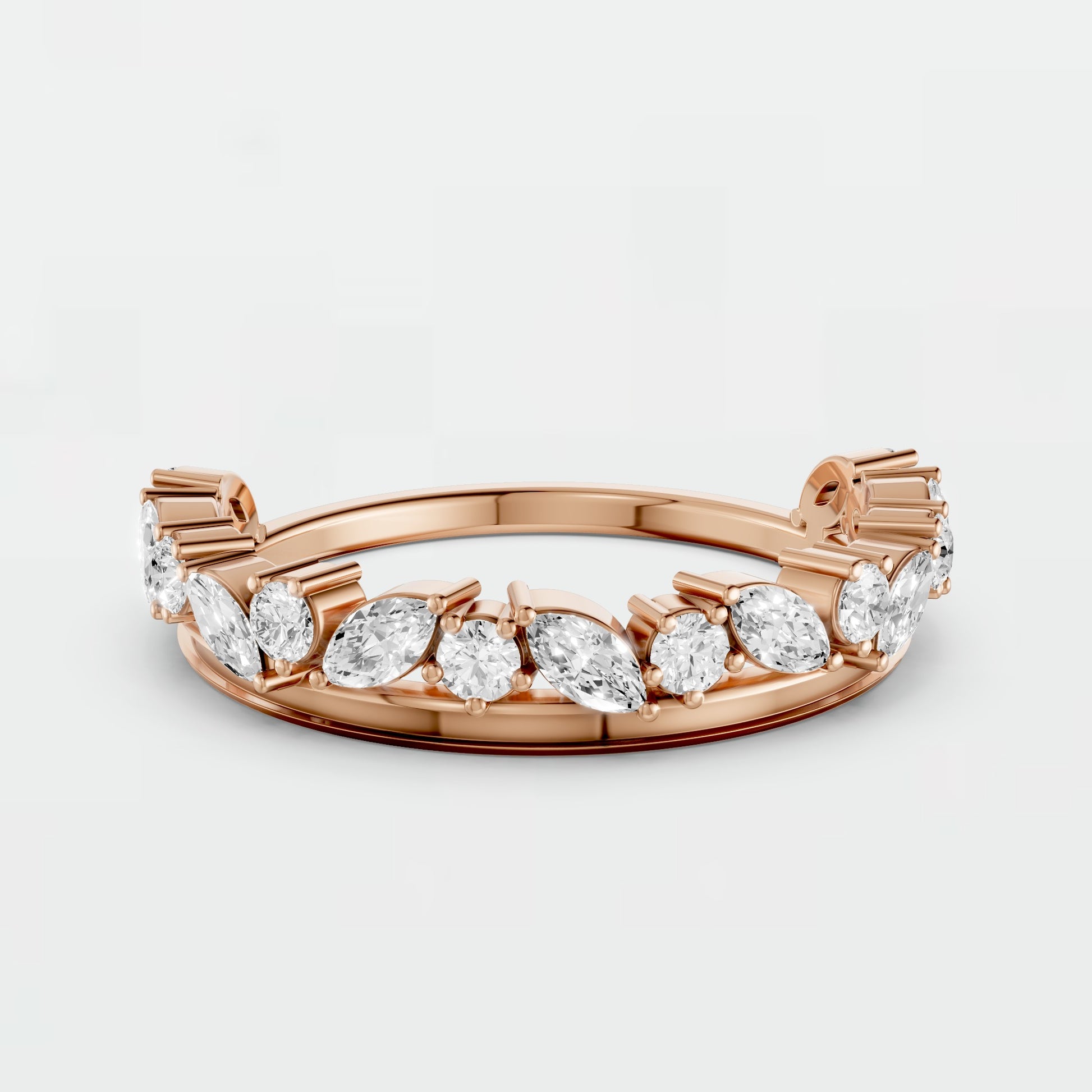 0.61 CTW Marquise & Round Lab Grown Diamond Wedding Band Curved Stackable Gold Ring