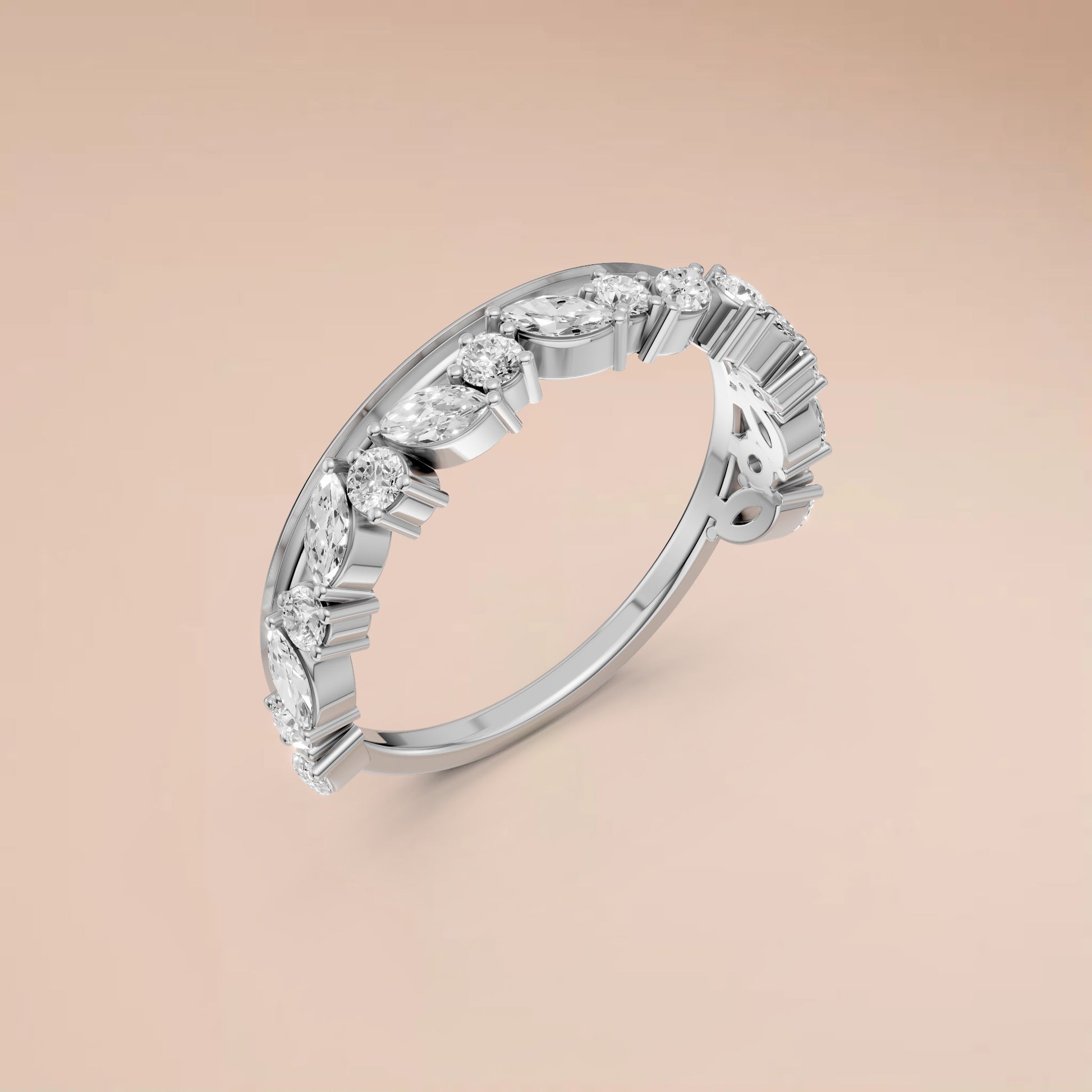 0.61 CTW Marquise & Round Lab Grown Diamond Wedding Band Curved Stackable Gold Ring