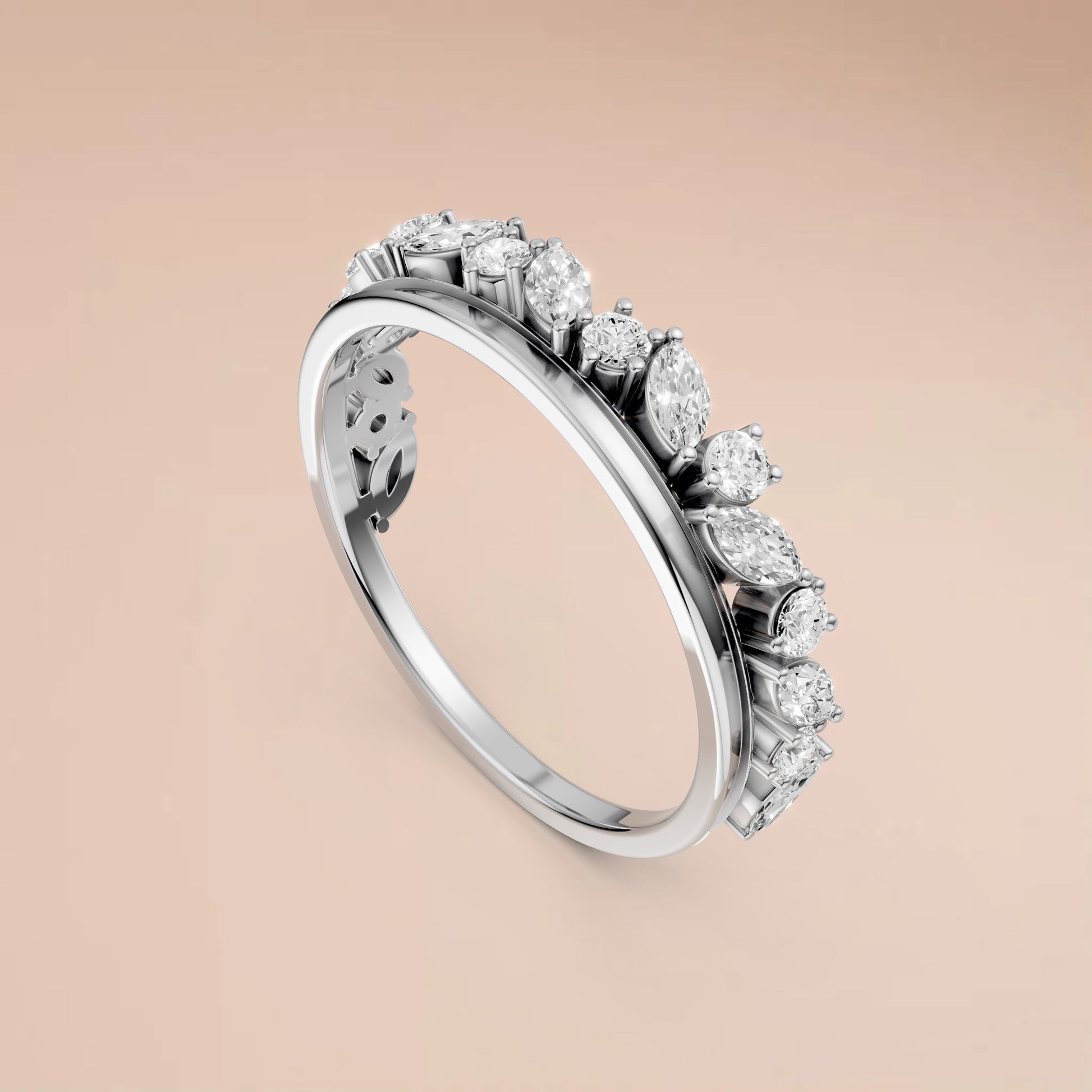 0.61 CTW Marquise & Round Lab Grown Diamond Wedding Band Curved Stackable Gold Ring