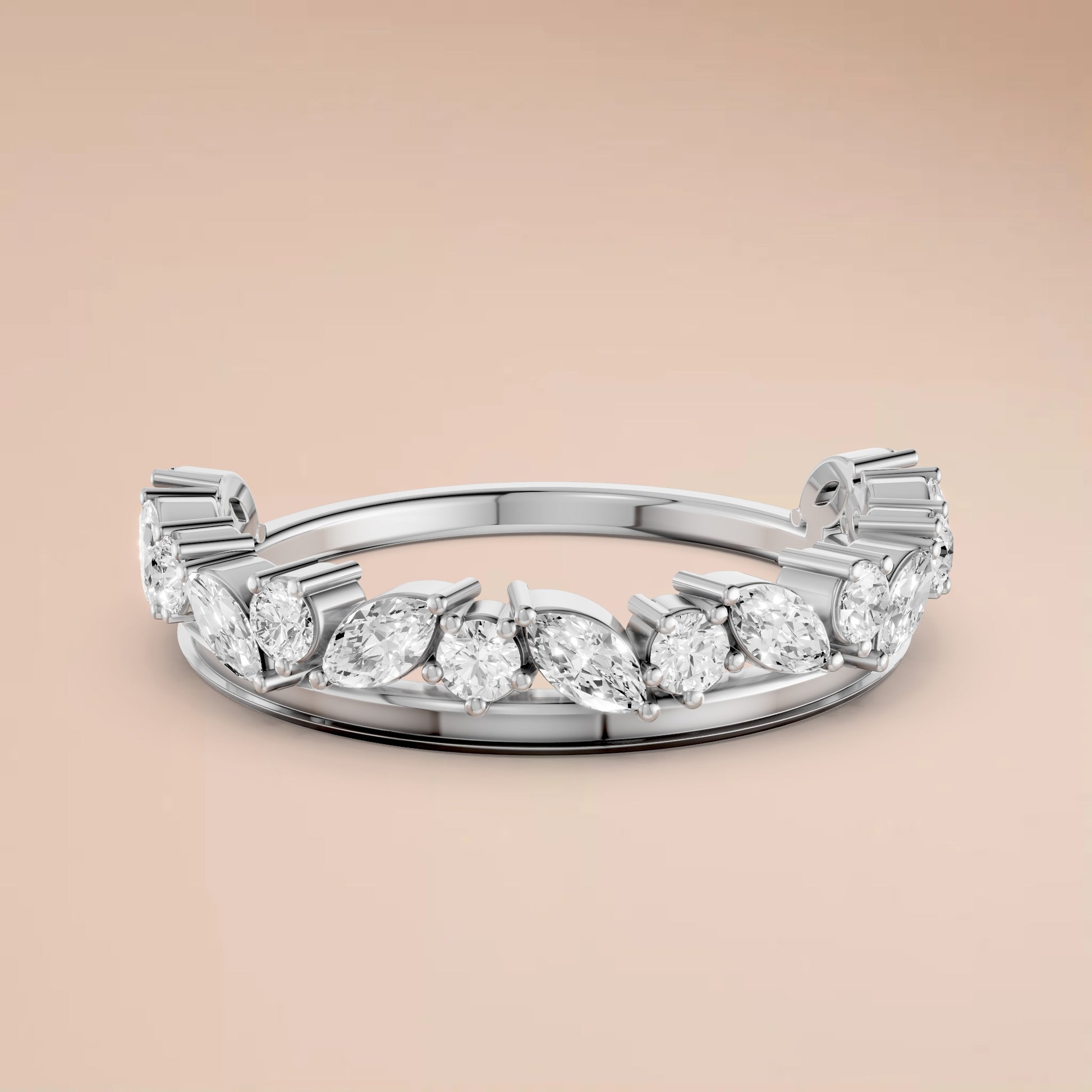 0.61 CTW Marquise & Round Lab Grown Diamond Wedding Band Curved Stackable Gold Ring
