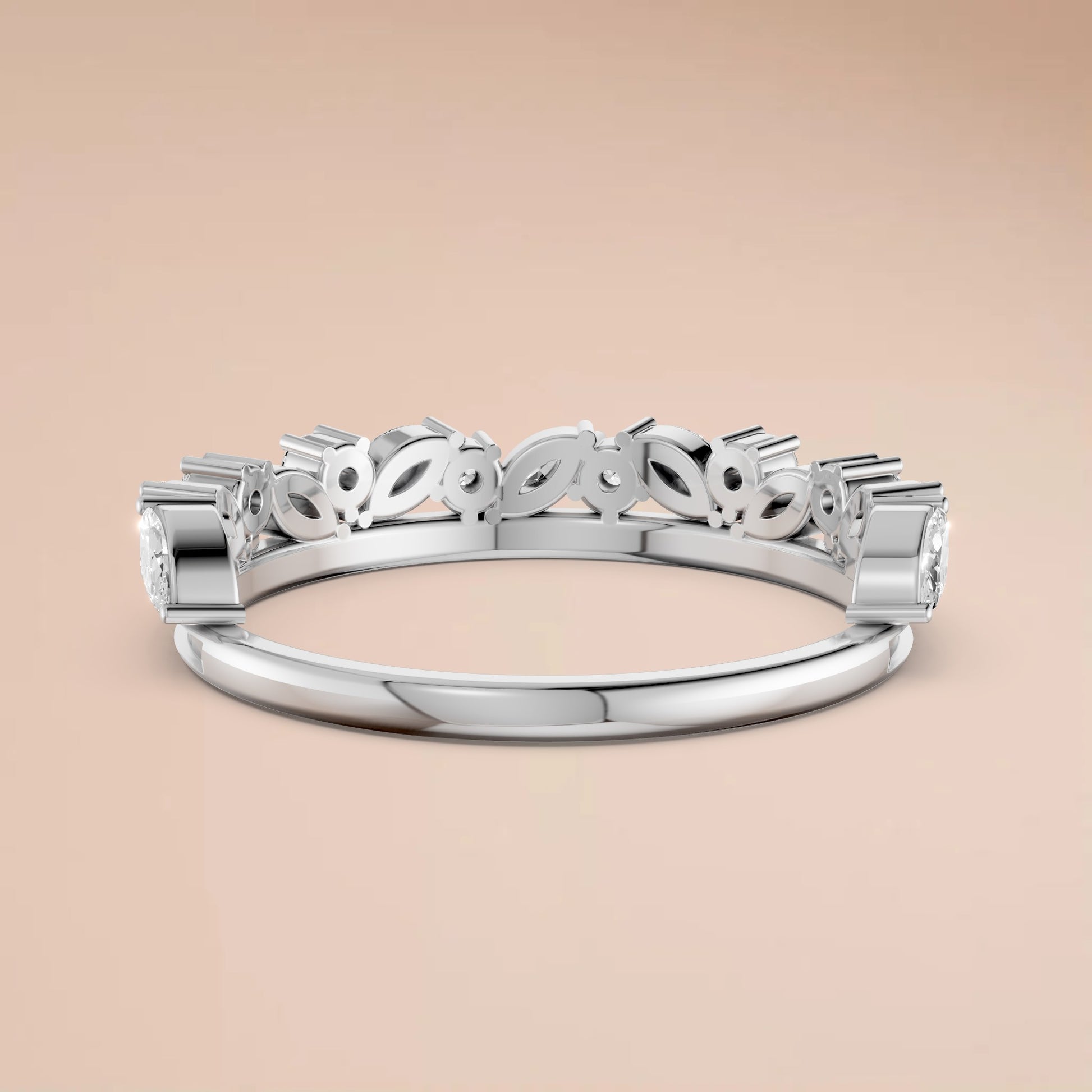 0.61 CTW Marquise & Round Lab Grown Diamond Wedding Band Curved Stackable Gold Ring