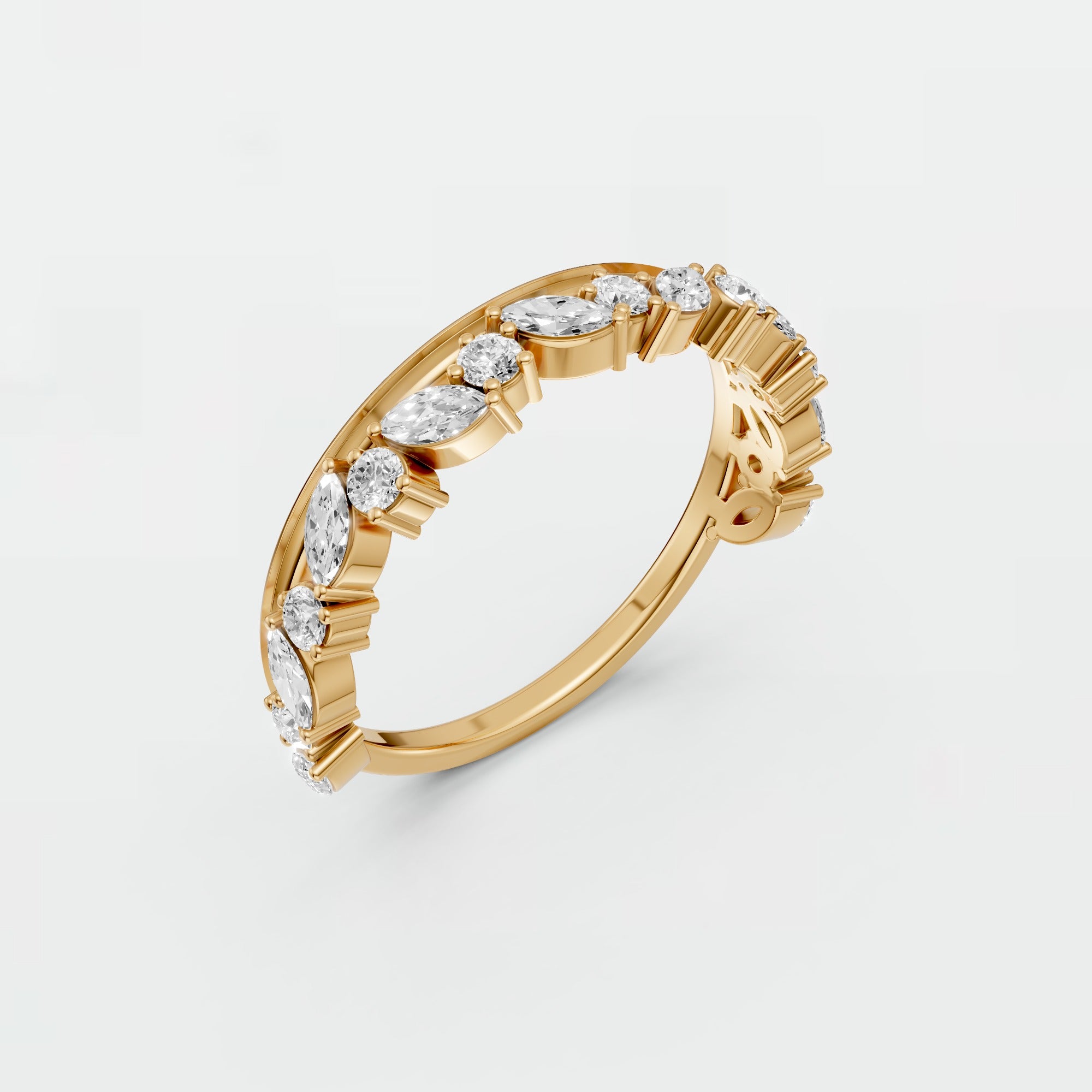 0.61 CTW Marquise & Round Lab Grown Diamond Wedding Band Curved Stackable Gold Ring