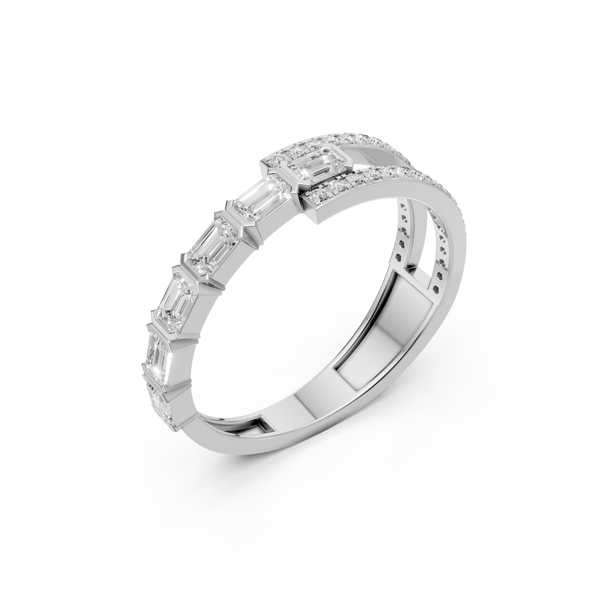Celestia Emerald & Round Multi Shape Diamond Double Row Band