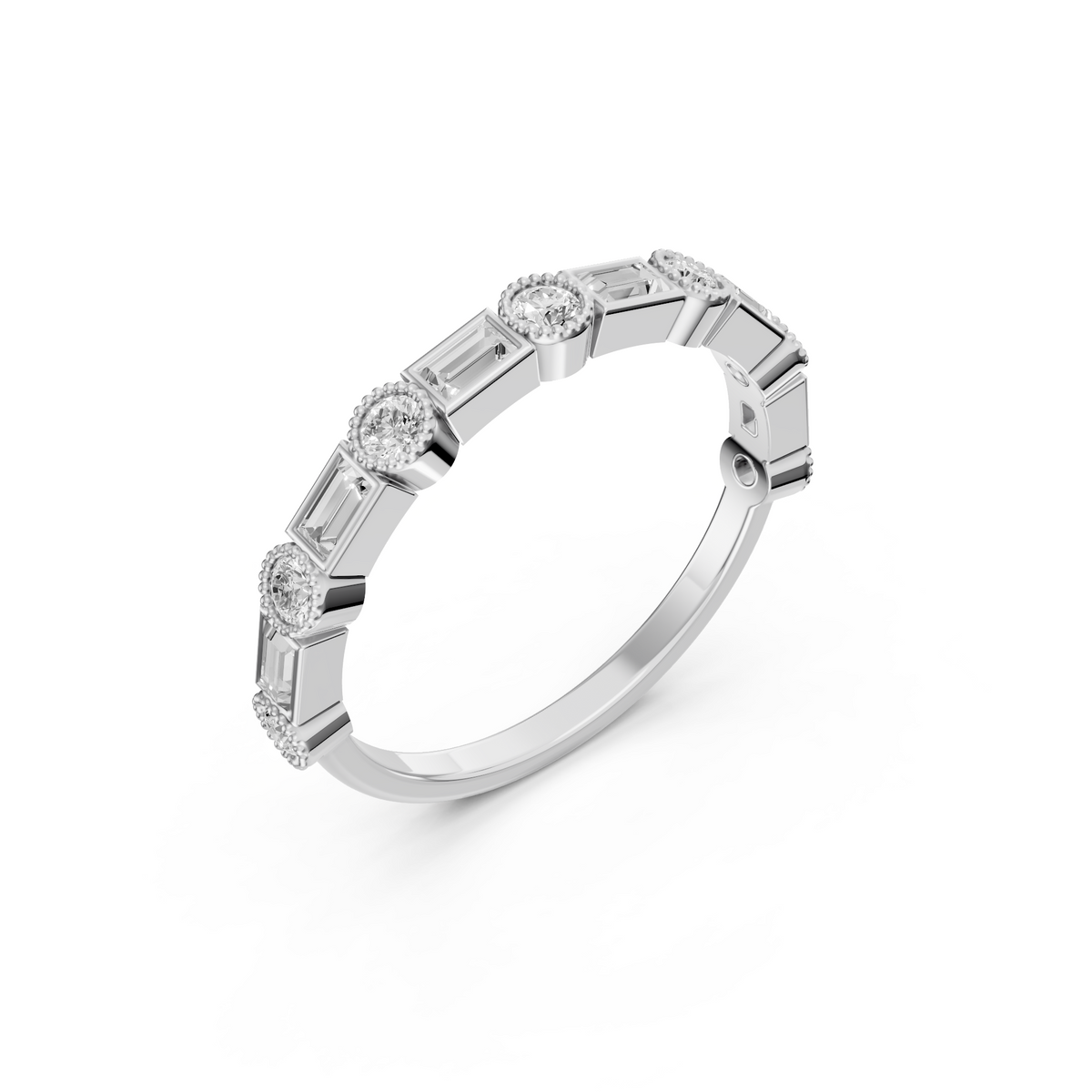 Alternating Round & Baguette Milgrain Diamond Band