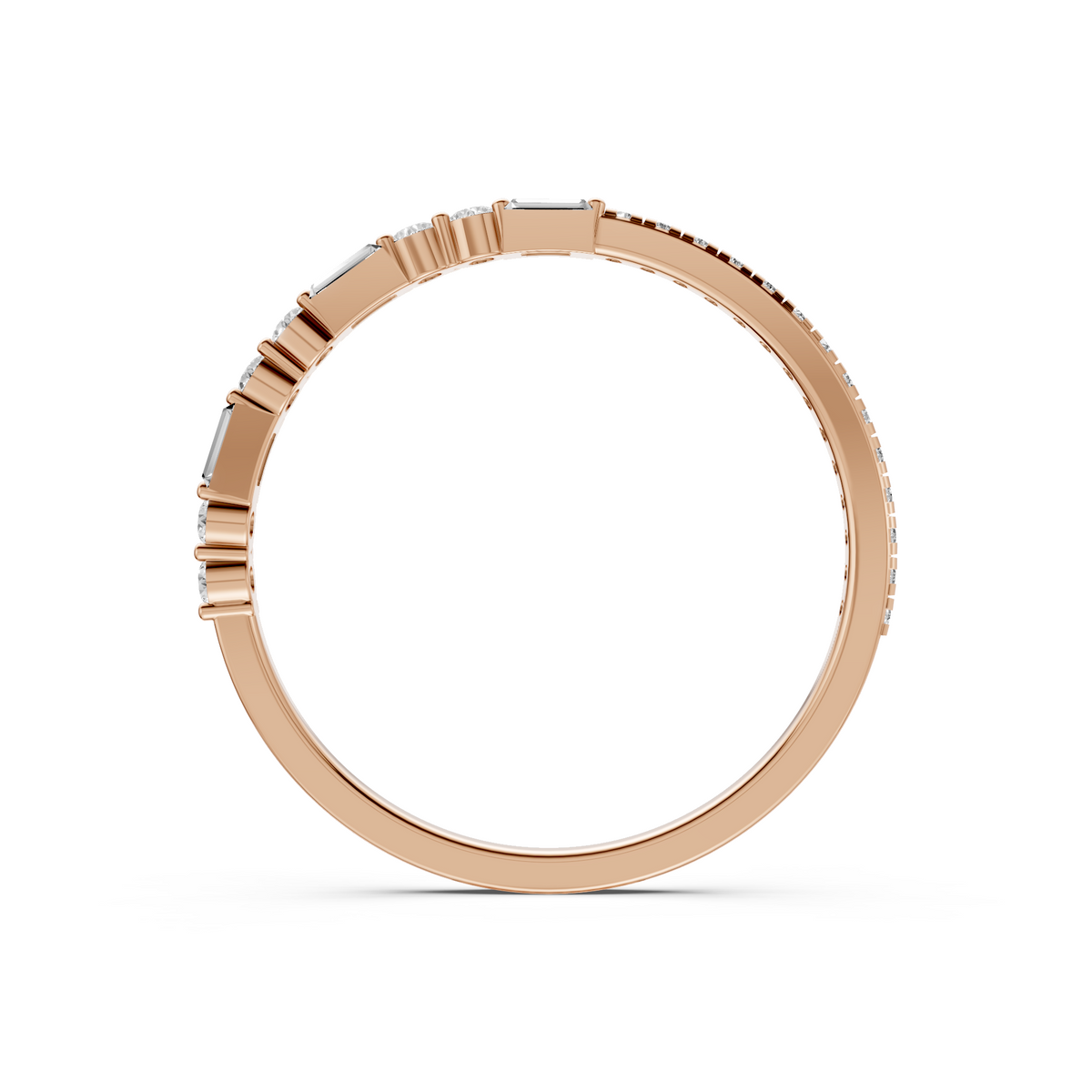 Baguette & Round  Diamond Delicate Solid Gold Stacking Band