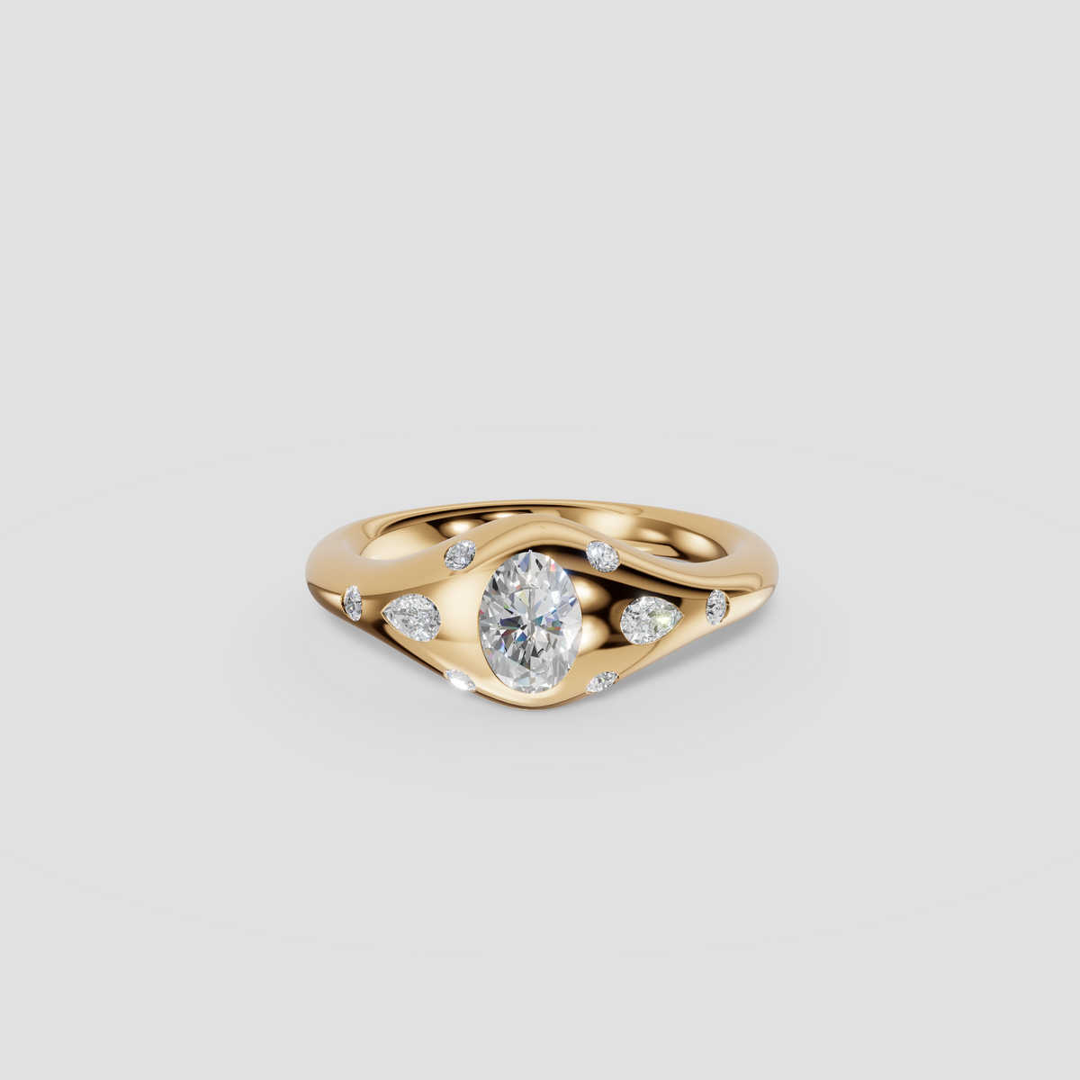 Oval Pear & Round Diamond Flush Set Statement Ring