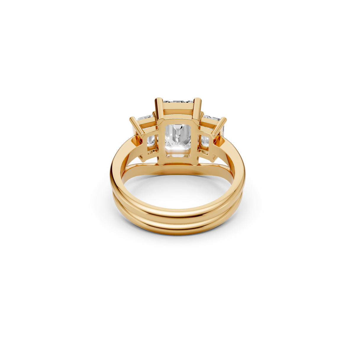 Three Stone Emerald Cut Lab Diamond Curved Engagement Ring