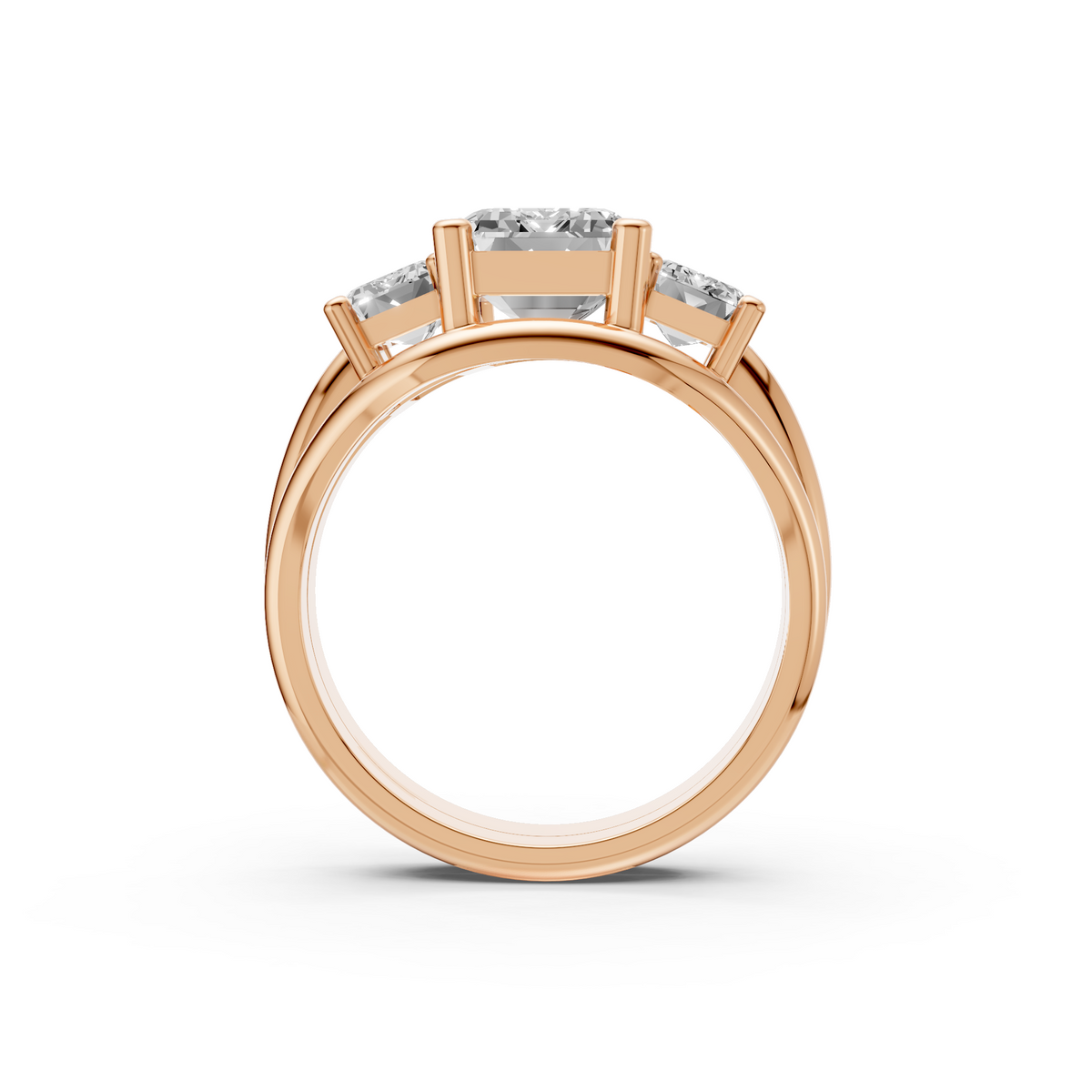 Three Stone Emerald Cut Lab Diamond Curved Engagement Ring
