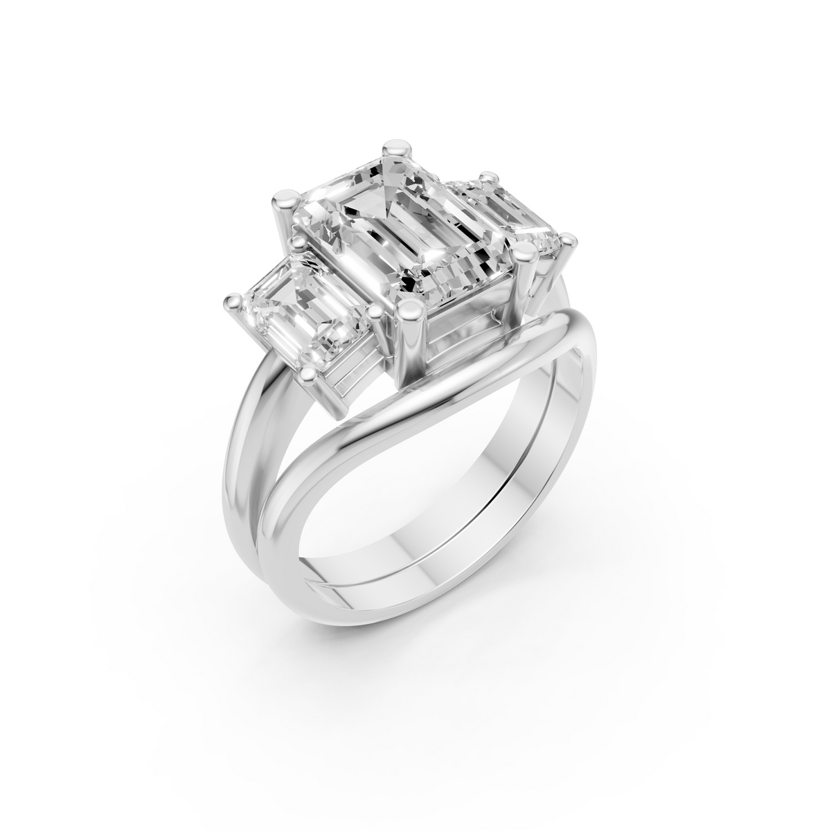 Three Stone Emerald Cut Lab Diamond Curved Engagement Ring