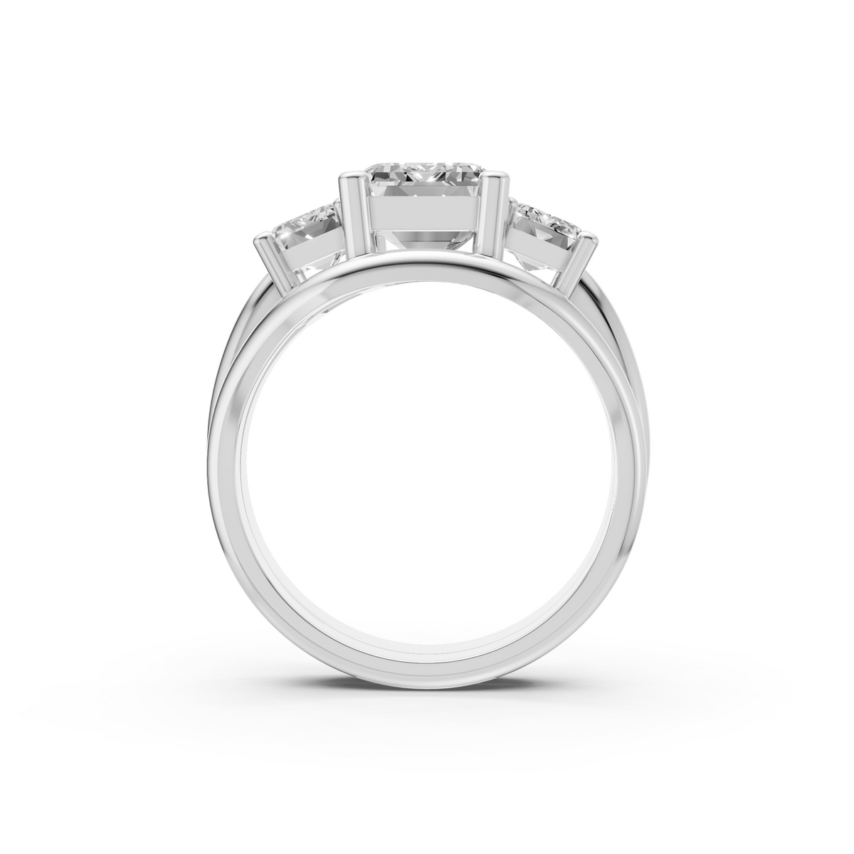 Three Stone Emerald Cut Lab Diamond Curved Engagement Ring