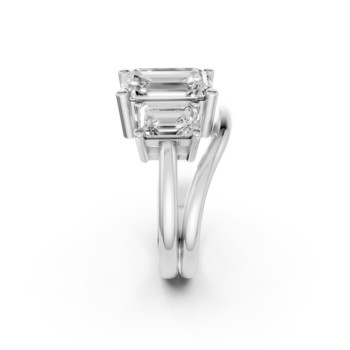 Three Stone Emerald Cut Lab Diamond Curved Engagement Ring