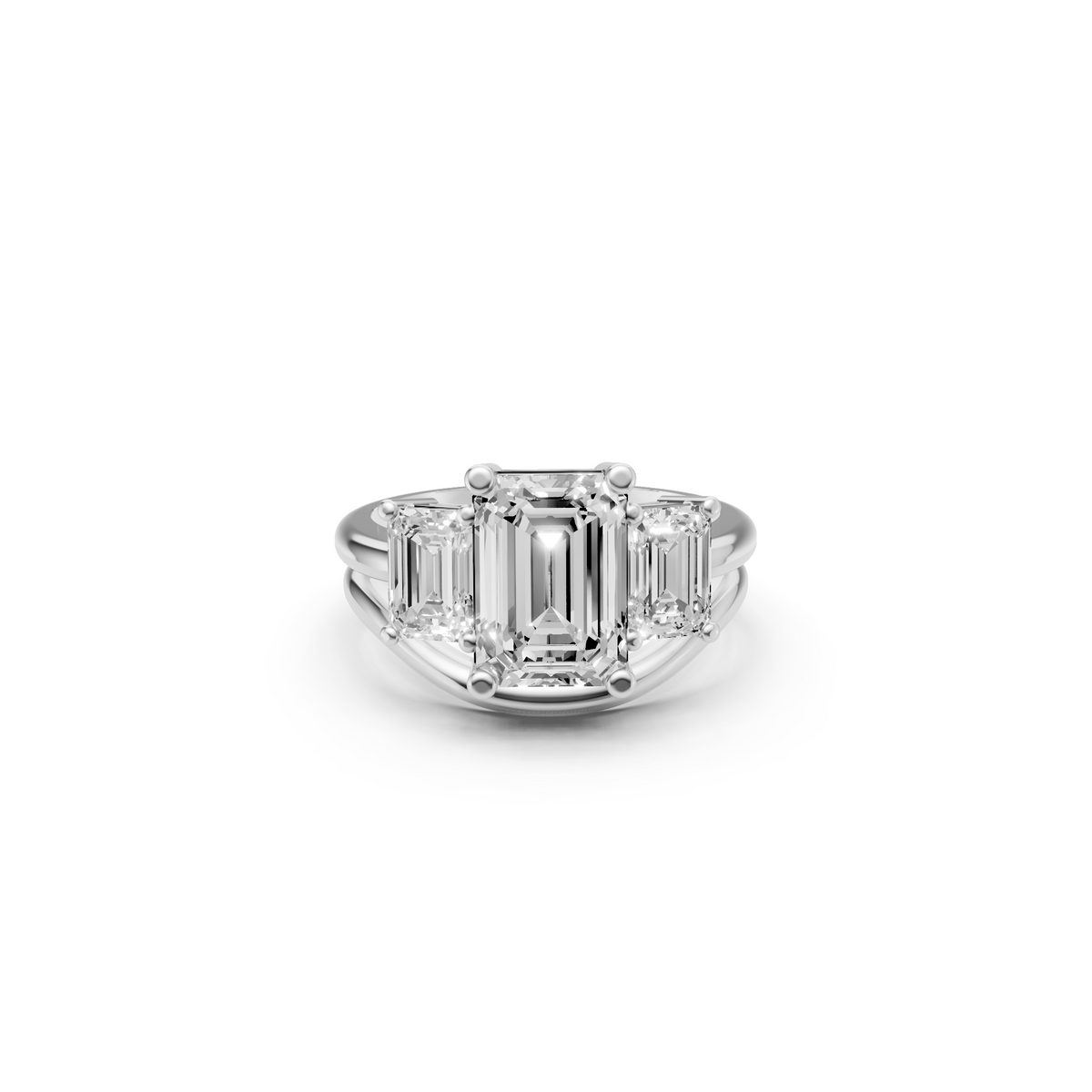 Three Stone Emerald Cut Lab Diamond Curved Engagement Ring